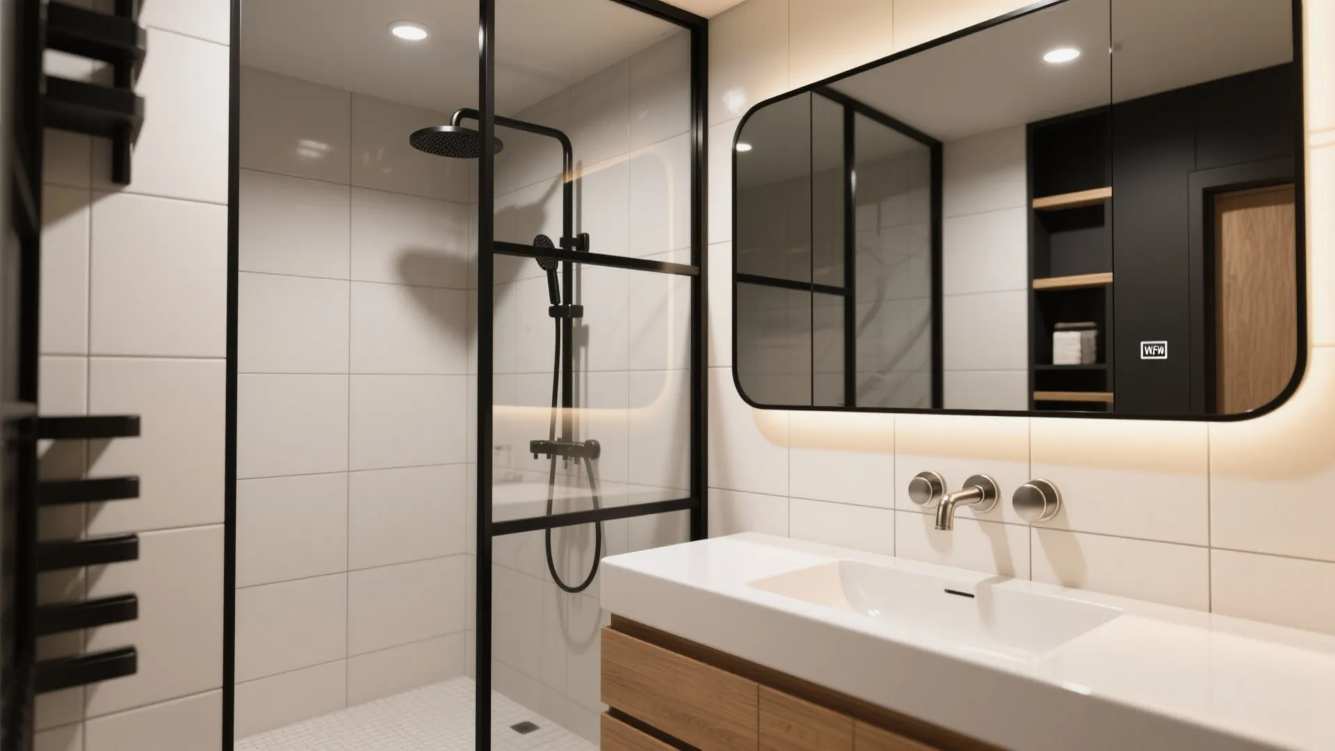 Modern bathroom interior with glass shower door, white tiled walls, wooden vanity, and a large mirror