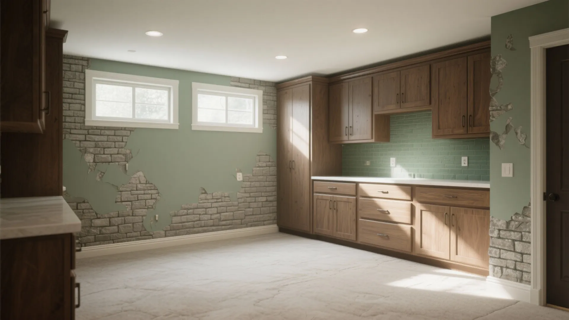 Modern kitchen with wooden cabinets and green walls featuring exposed grey brick and natural light