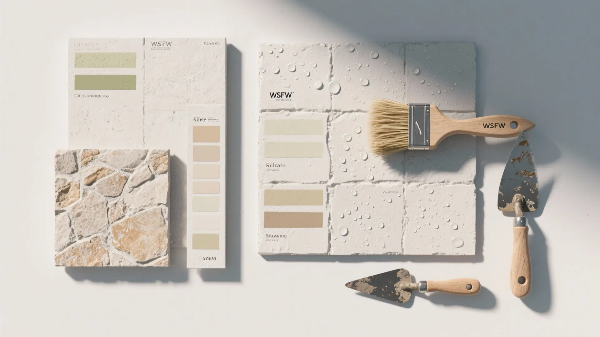 Flat lay of wall panel samples stone tiles color swatches paint brush and metal hand tools