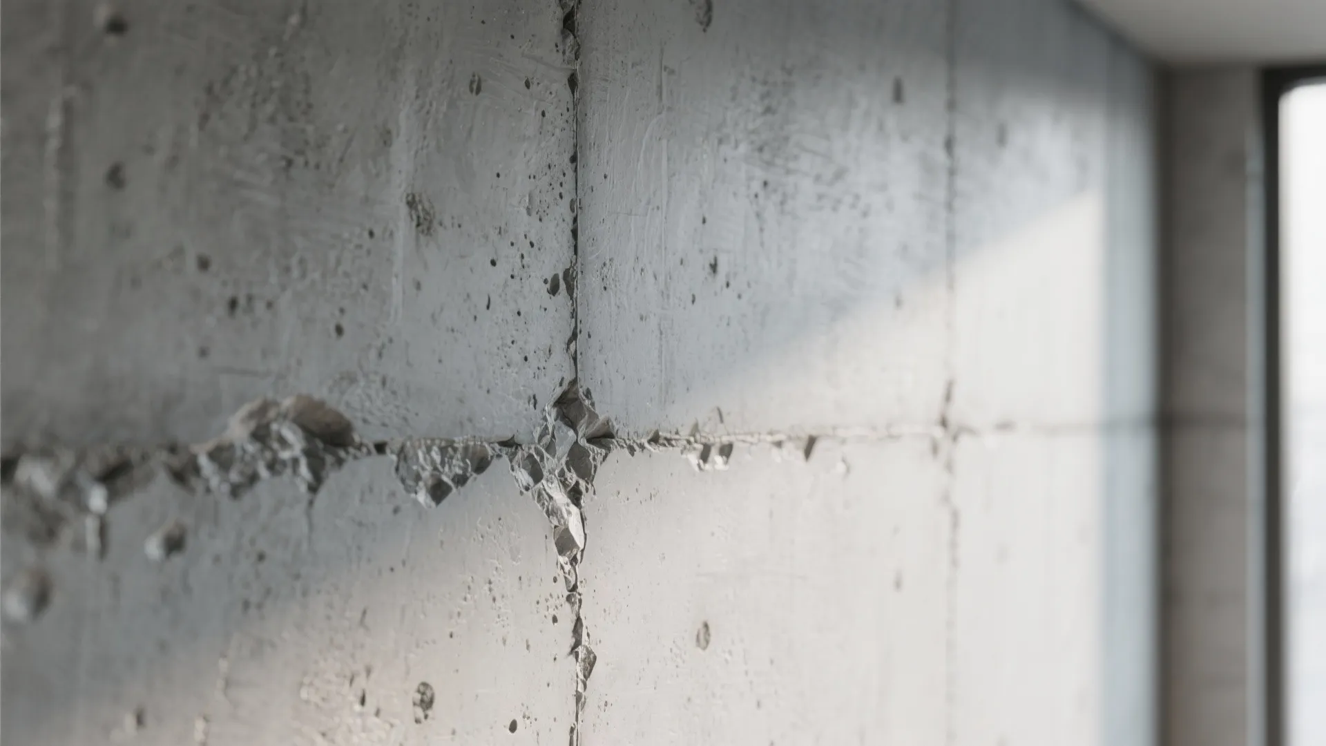Close up of grey concrete wall with rough texture cracks and natural sunlight from a window