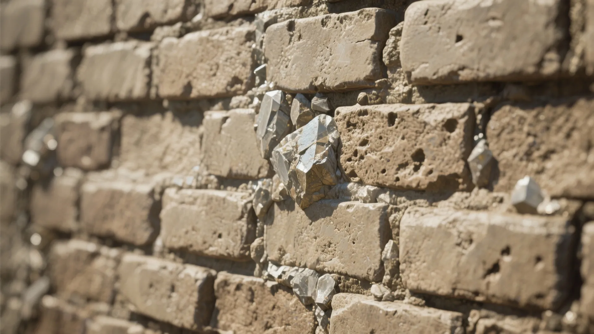 Close up view of old brown brick wall with small shiny grey minerals inside the cracks
