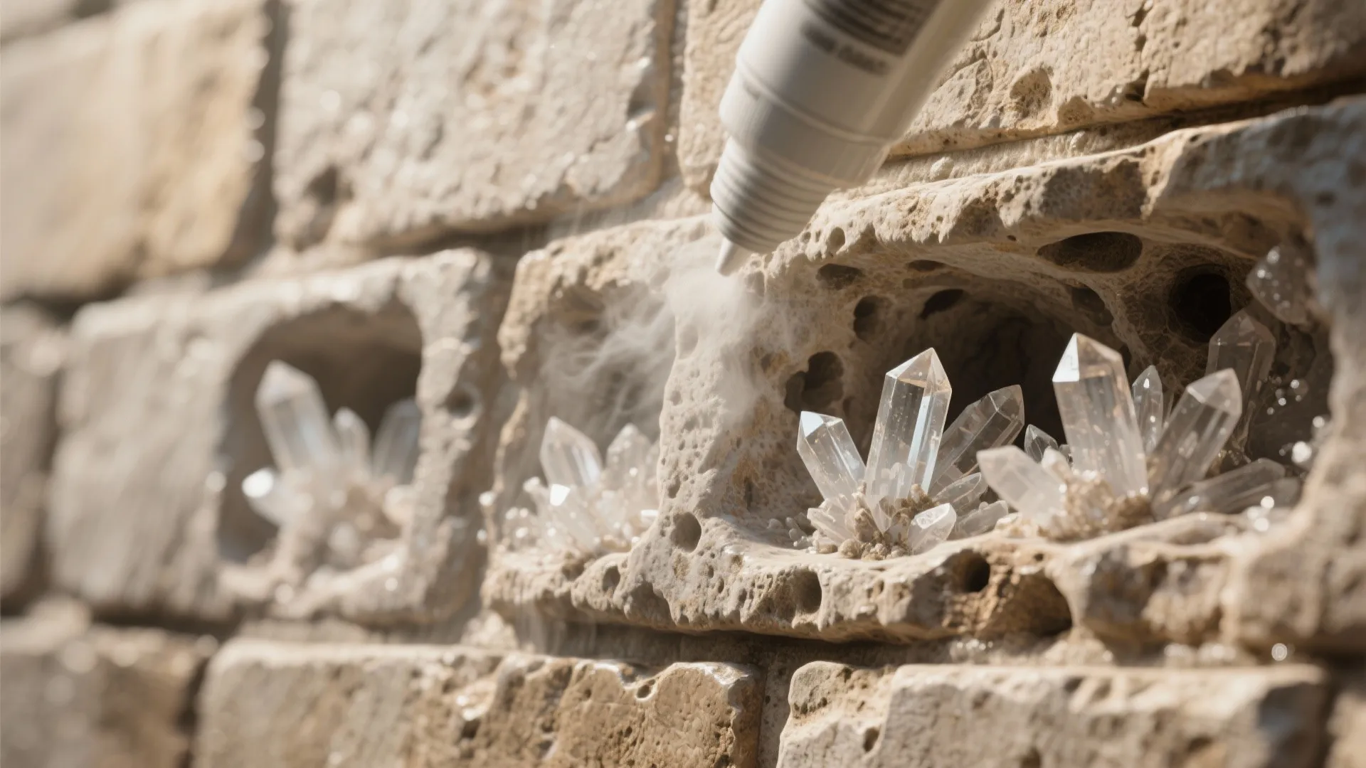Applying protective liquid from a bottle onto porous stone bricks with decorative small clear crystals