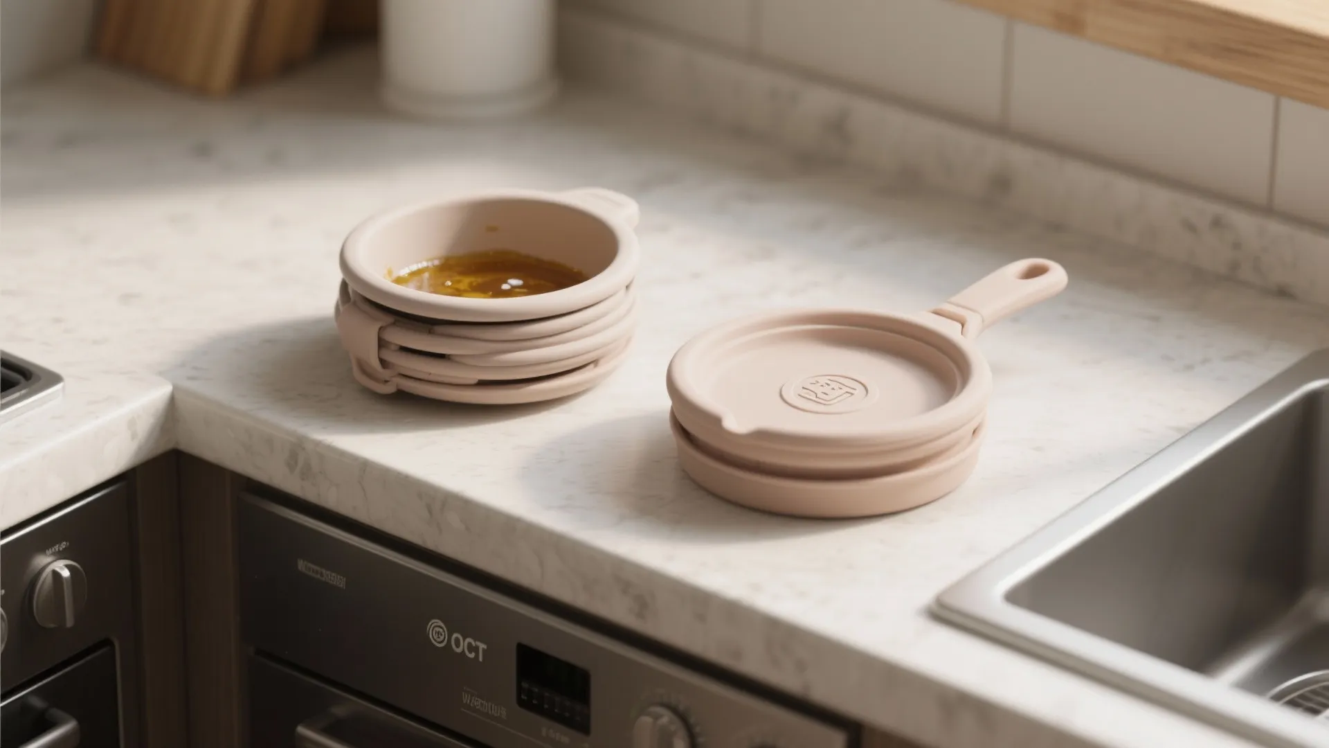 Pink silicone storage lids and small containers sitting on a white marble kitchen countertop near sink