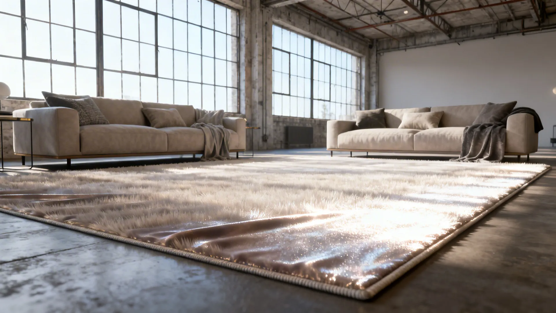 Loft seating area with a silk-blend rug reflecting soft light to brighten the space.