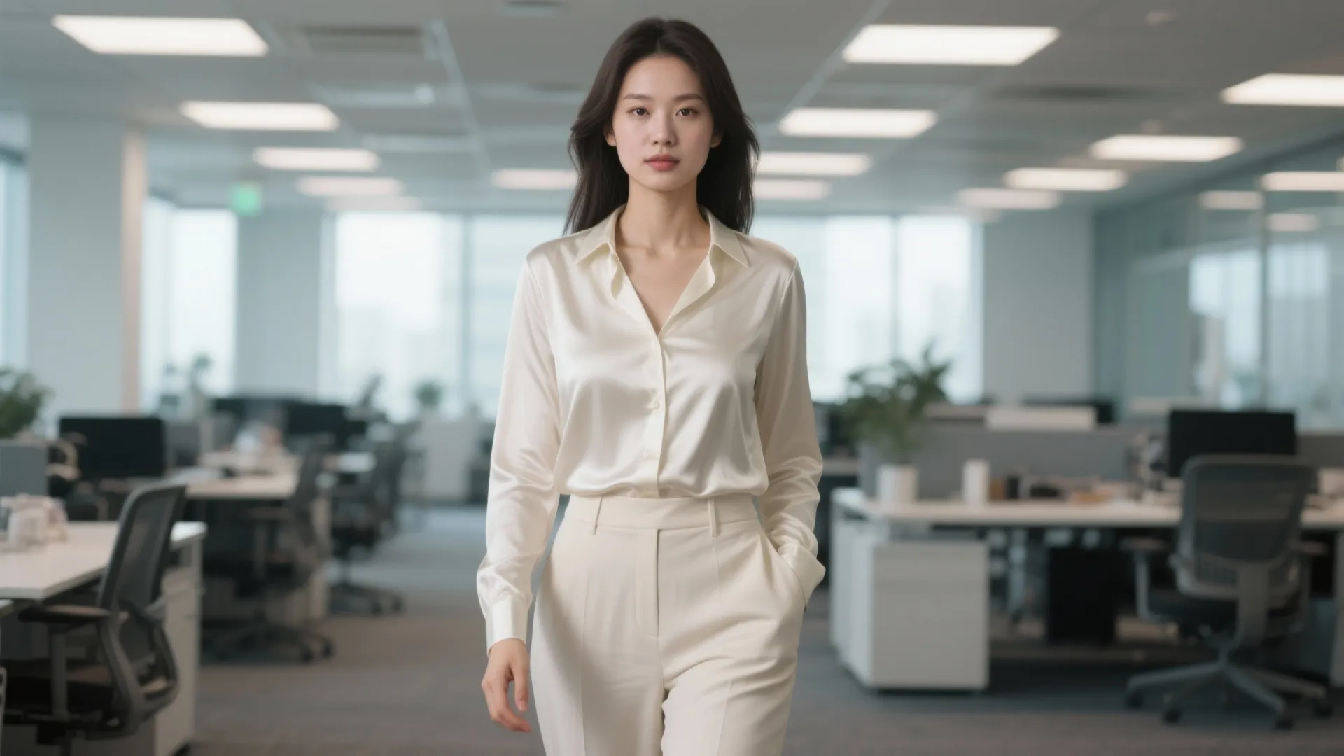 3. Silk Blouse & High-Waist Pants