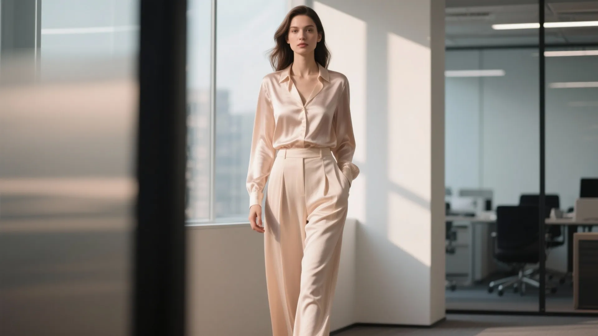 3. Silk Blouse + Wide-Leg Trousers
