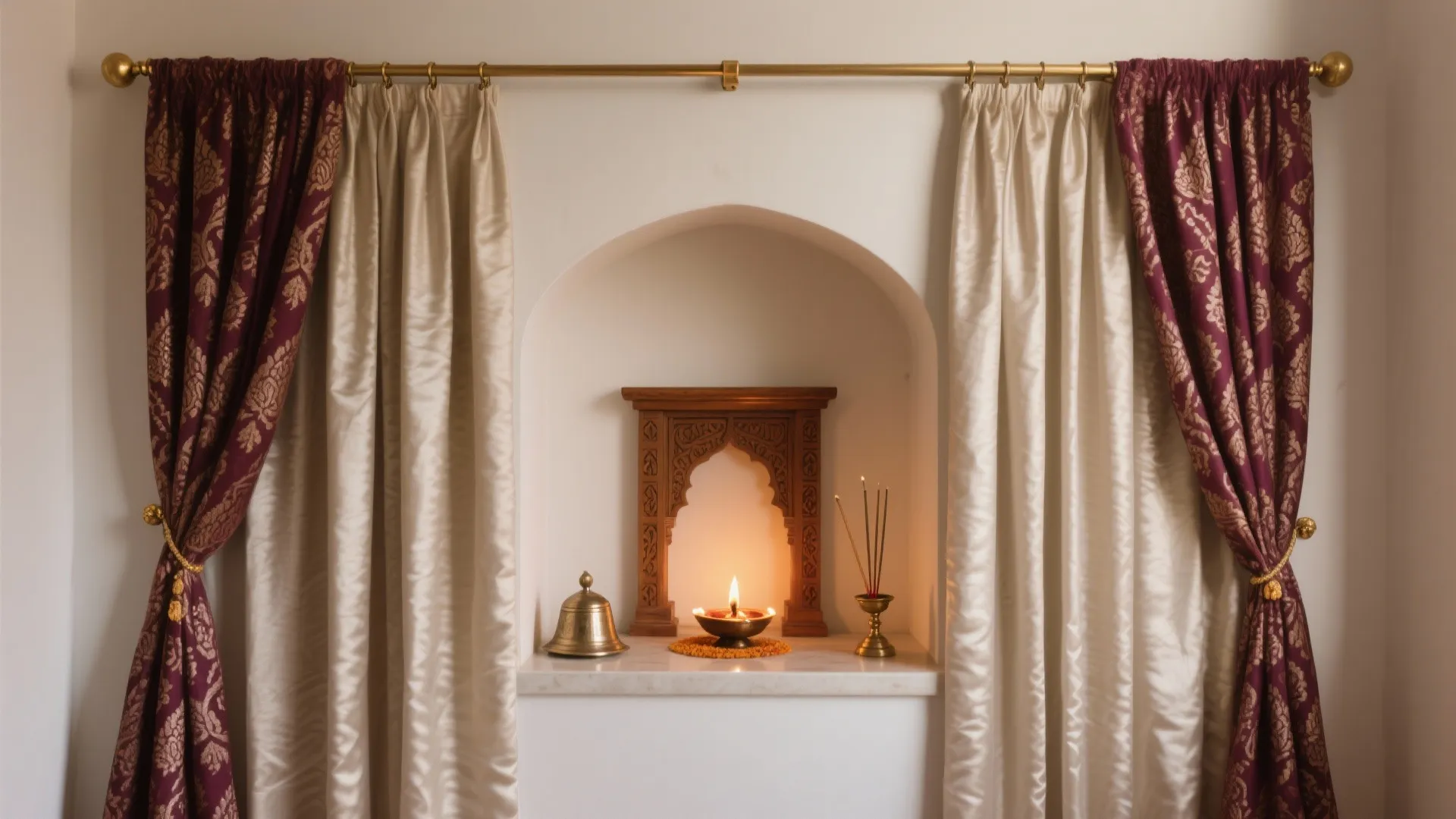 Compact pooja niche with matte silk jacquard curtains and warm diya glow on a brass rod.