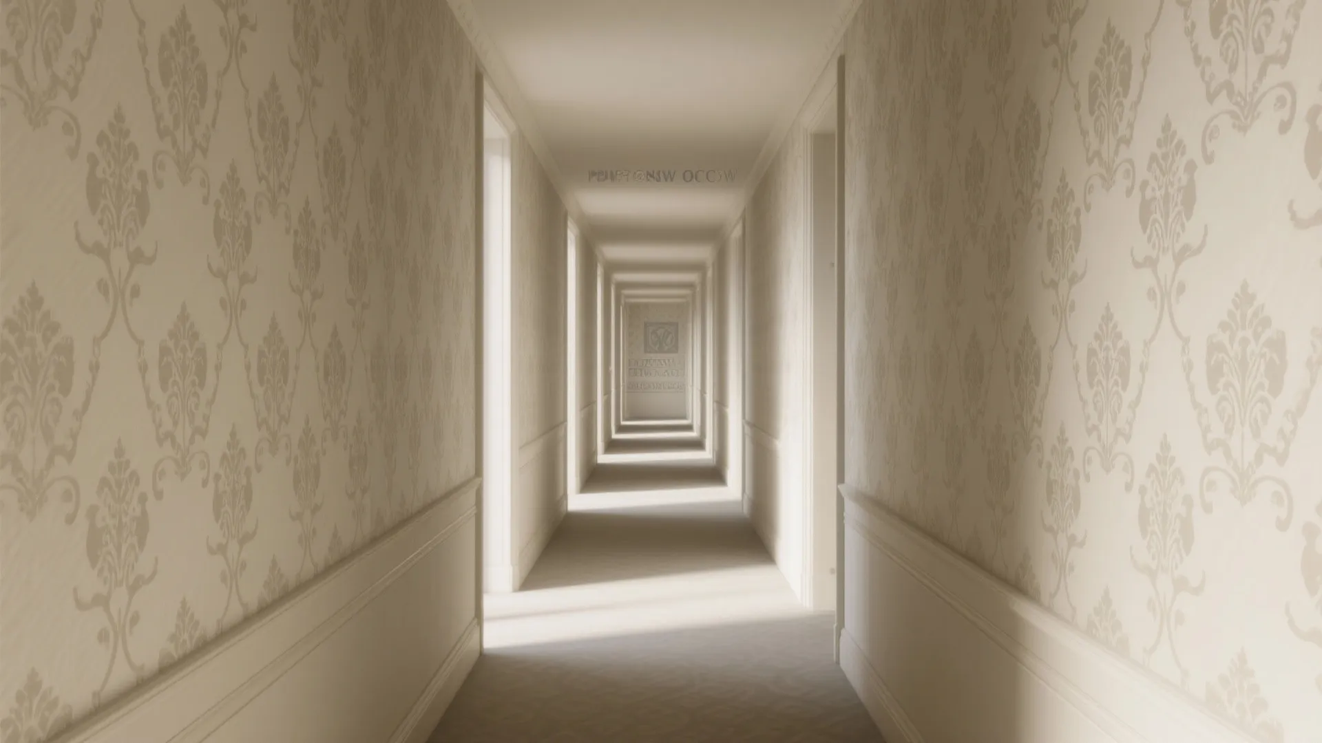 Tone-on-tone silk damask stencil in a serene hallway, pattern gently revealed by daylight.