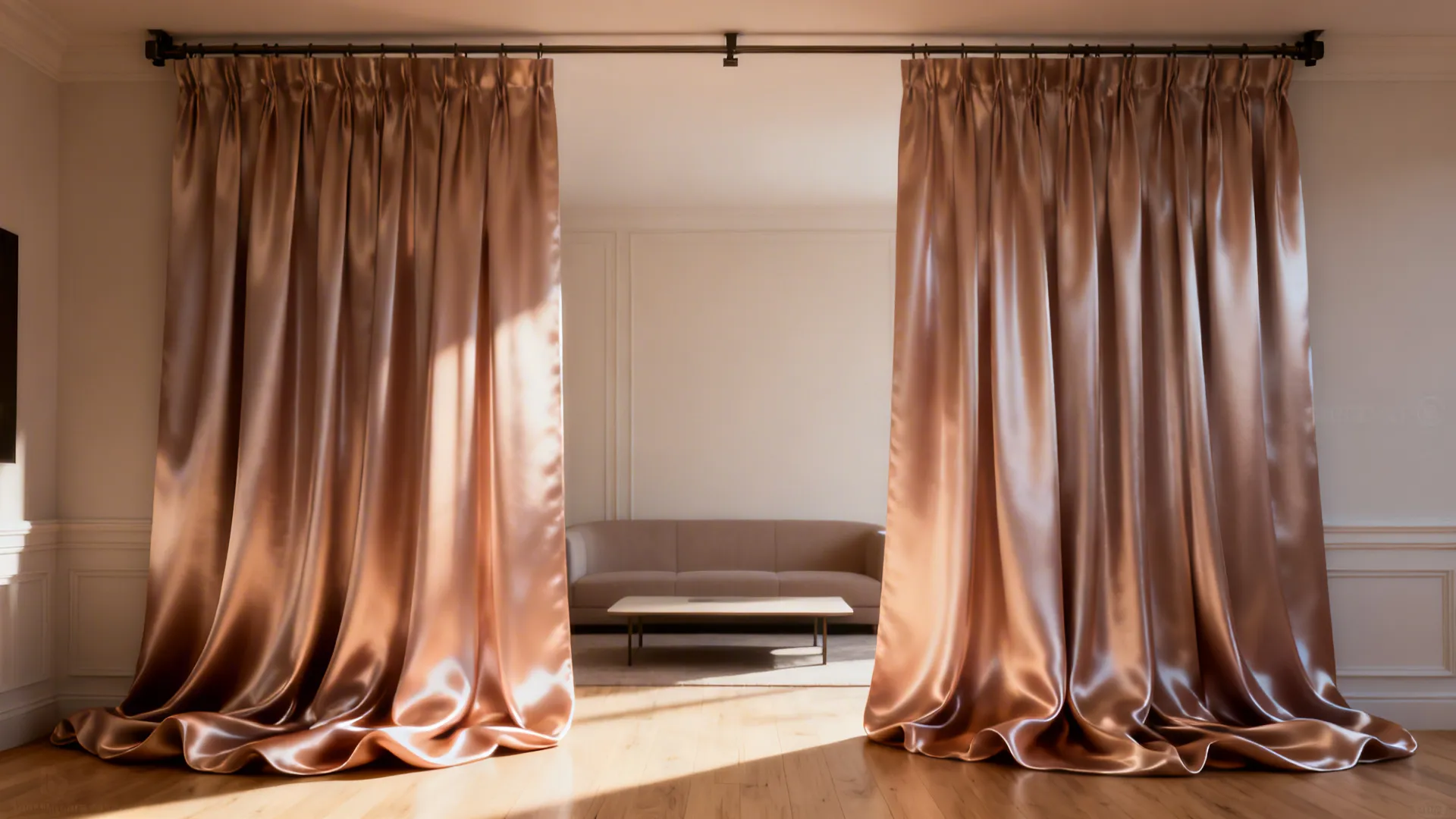 Elegant rose gold silk curtains hanging from a rod in a bright and modern living room