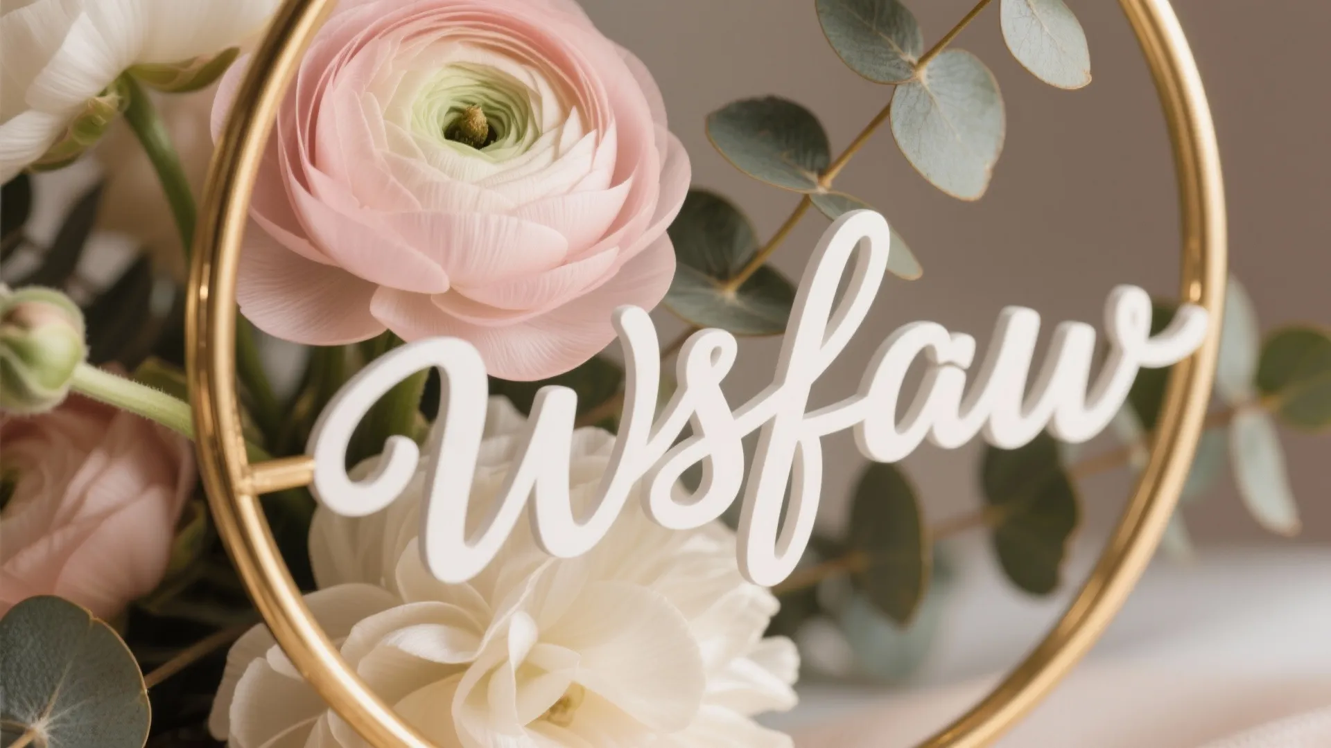Close up of pink and white flowers with green leaves inside a round gold metal frame