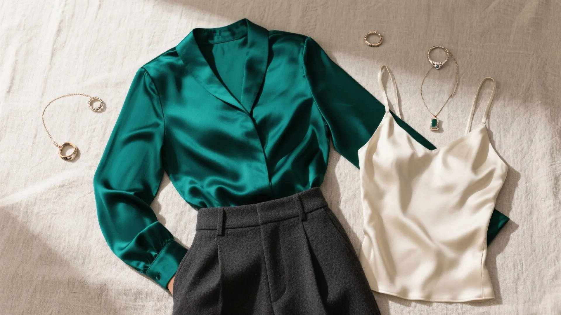 2. Silk Blouse with High-Waist Trousers