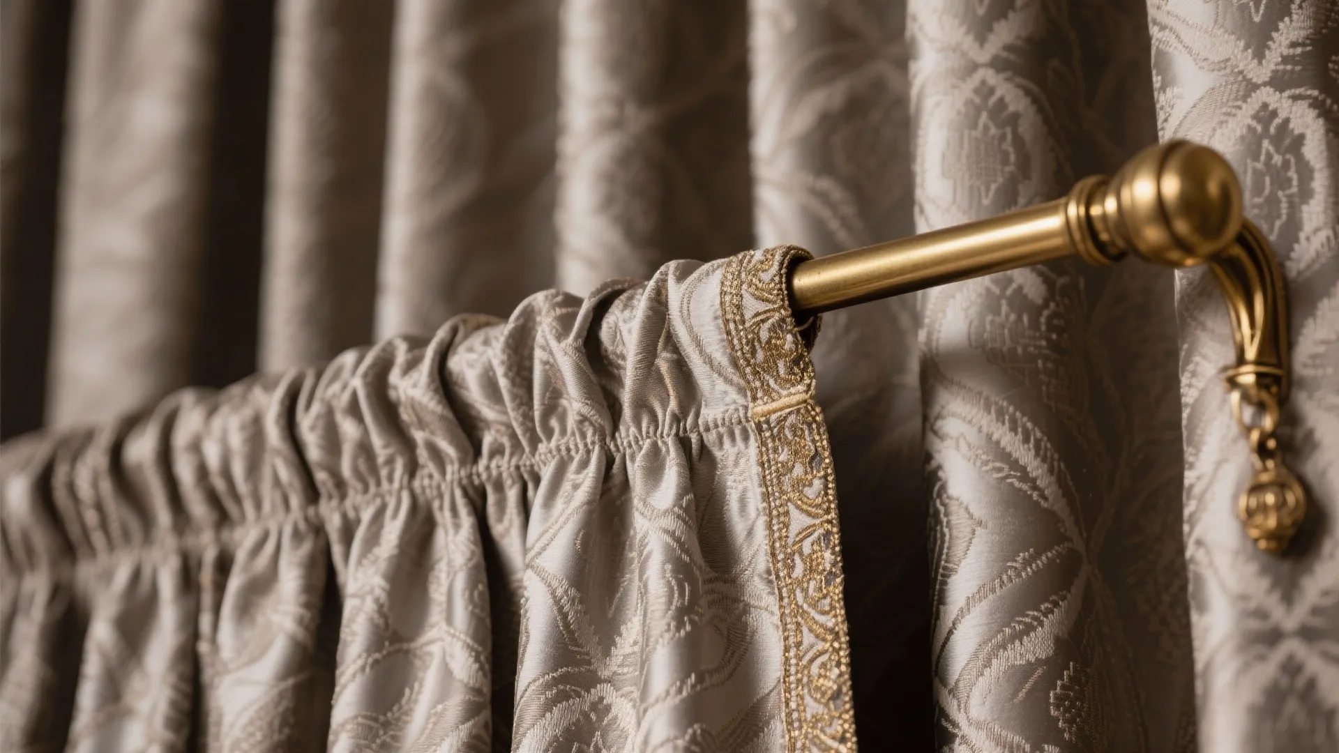 Macro of tone-on-tone silk jacquard with lined hem and brass clip catching warm light.