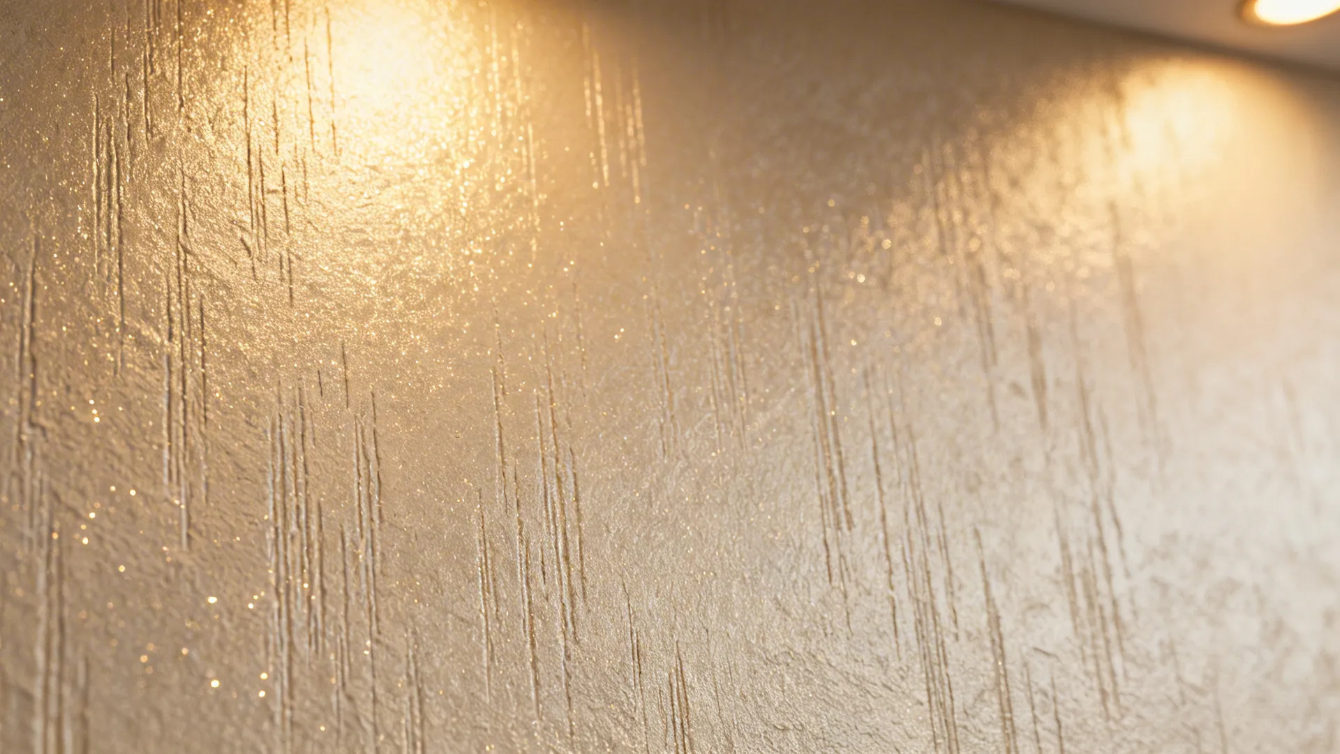 Macro of champagne silk-plaster finish with soft shimmer under warm light.