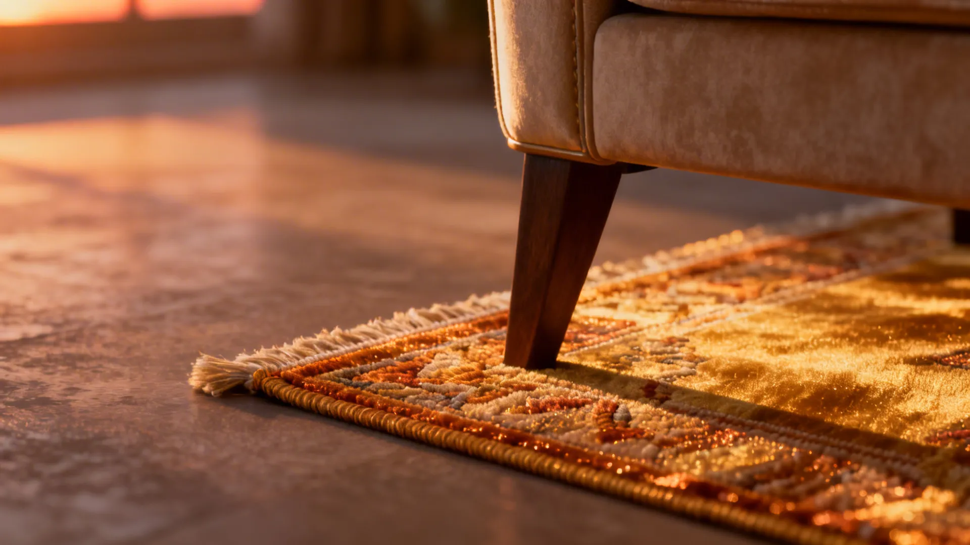 Close-up of silk rug sheen and fine craftsmanship in a living room corner