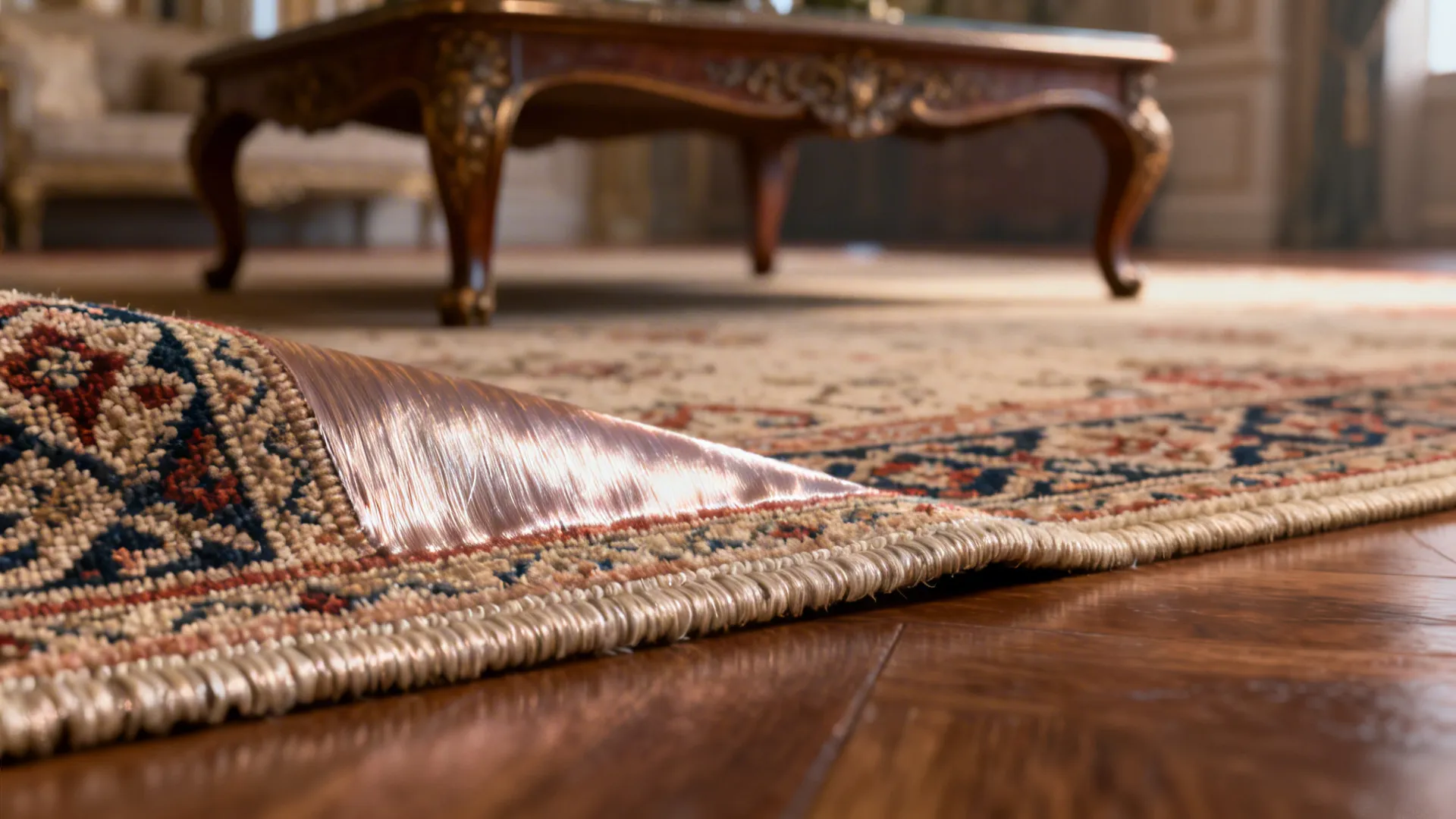Close-up of a silk-blend rug showing sheen and intricate pattern.