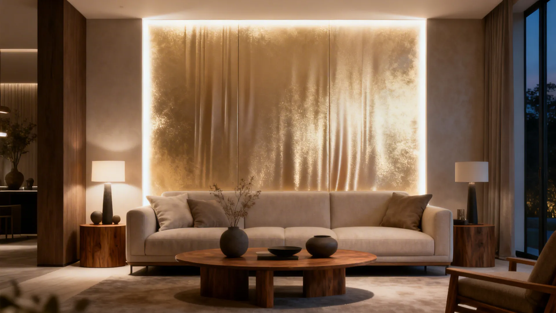 Evening living room with champagne silk-plaster shimmer panel and warm LED lighting.