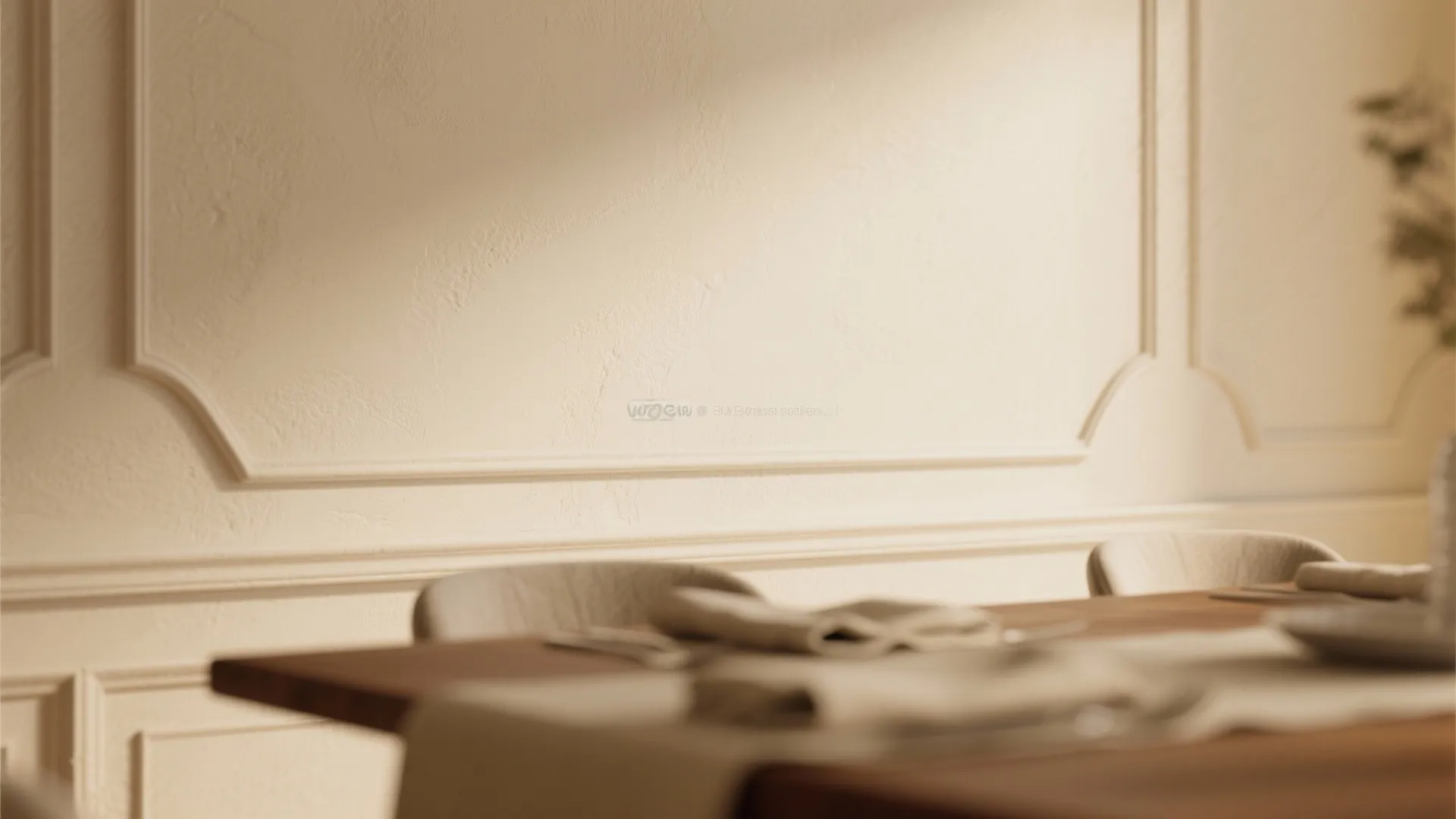 Close up view of cream wall panel behind a wooden dining table with soft lighting