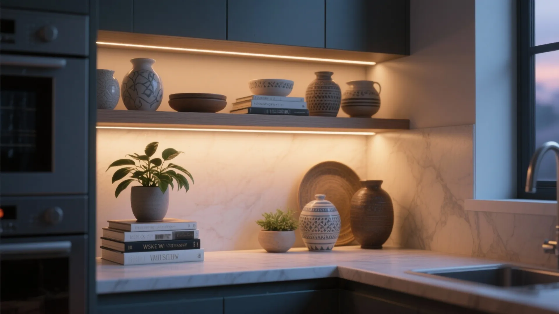 Modern kitchen shelf with warm strip lights displaying ceramic vases books and small green potted plants