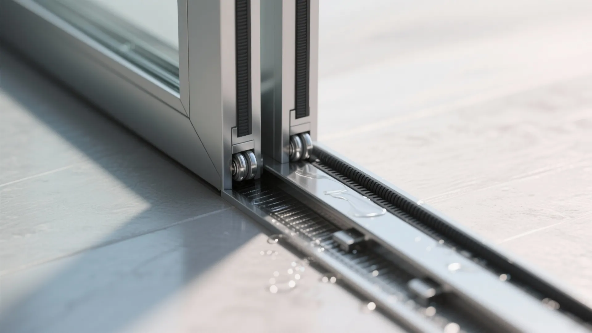 Silver metal sliding door track showing water drainage system with small rollers and sealing brush strip