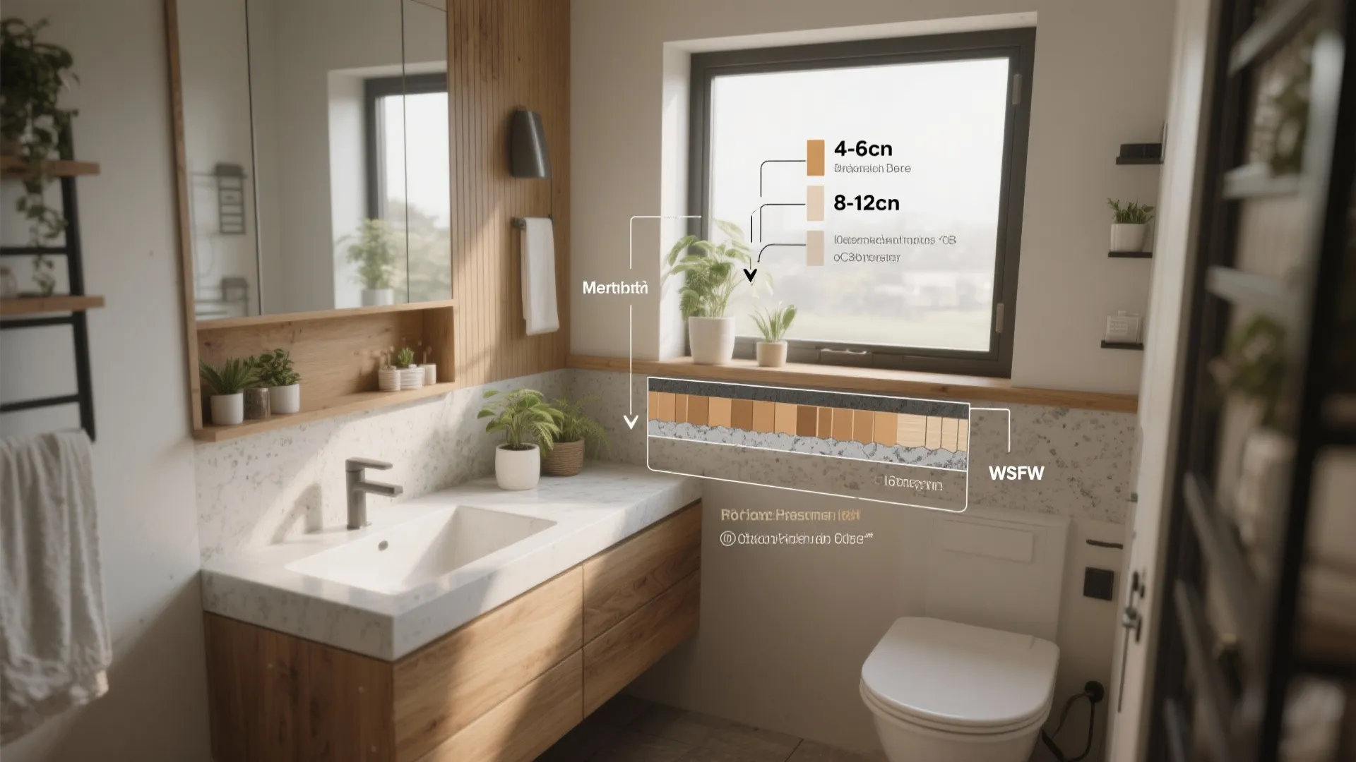 Diagram of bathroom window ledge layers with text labels for wood paneling and tile measurements