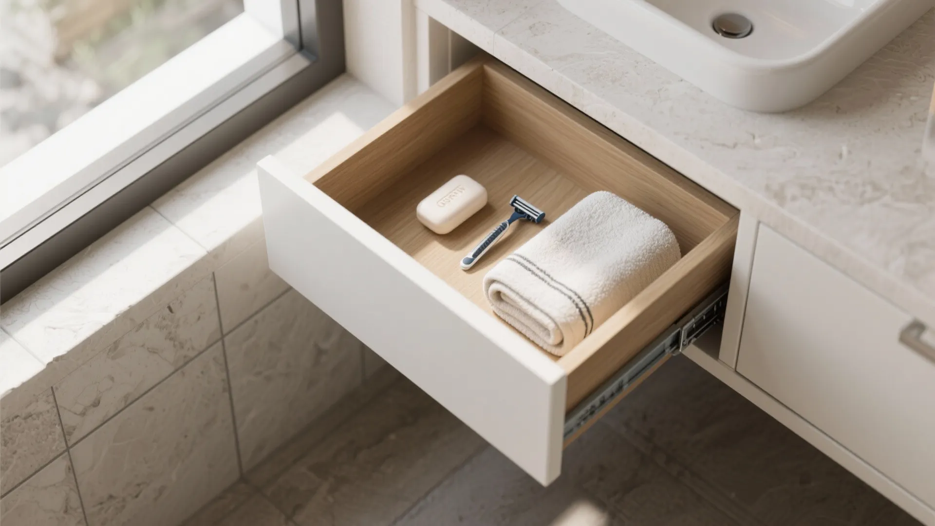 Open white bathroom vanity drawer containing bar soap blue razor and a folded white towel