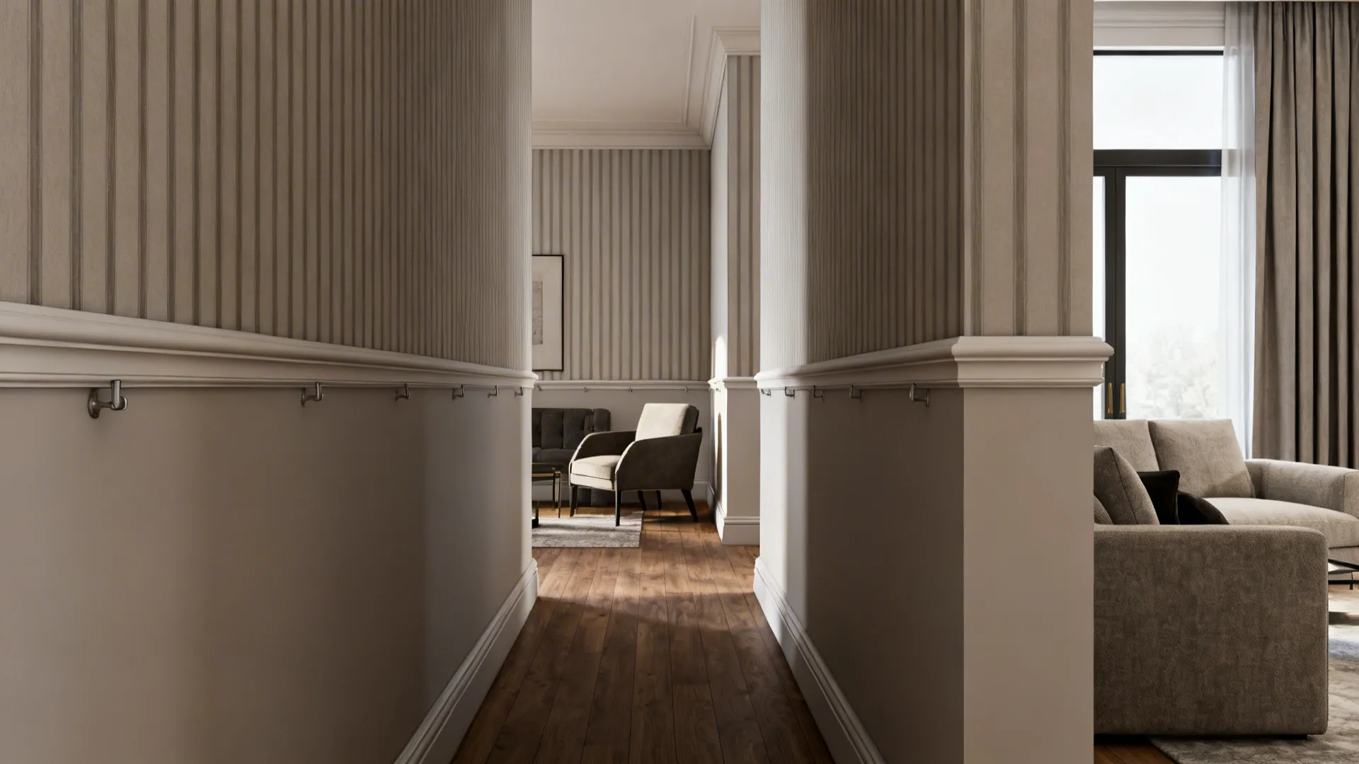 Tailored sill-length curtain panels with a narrow cornice and vertical stripe fabric in a compact living room.