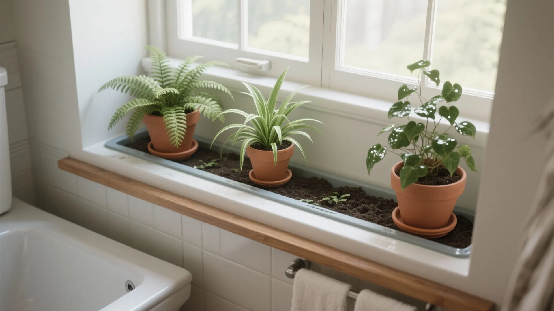 Three small green plants in clay pots sitting in a long window box with soil