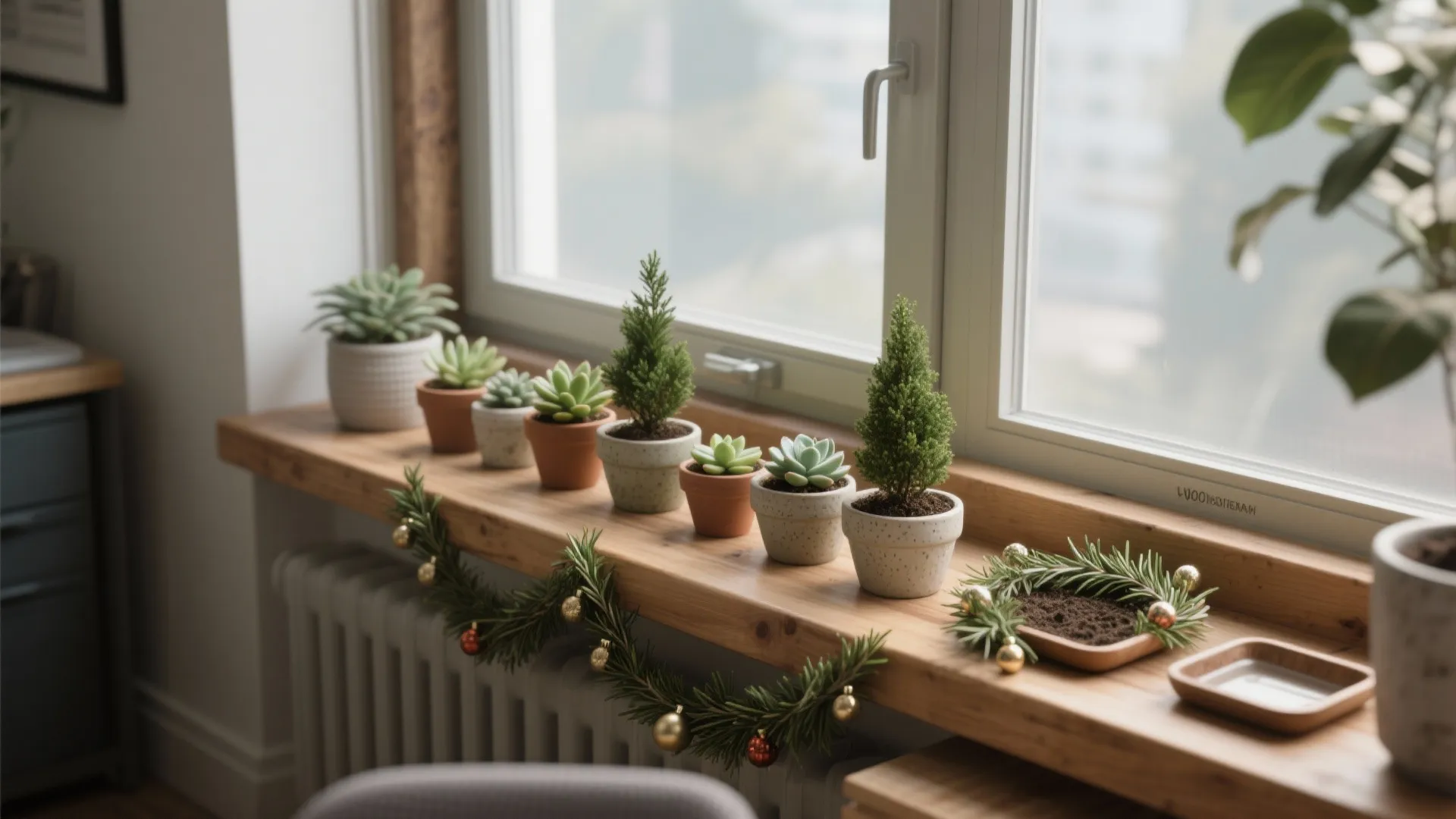 Small potted succulents and tiny trees on a wooden window sill with a green garland