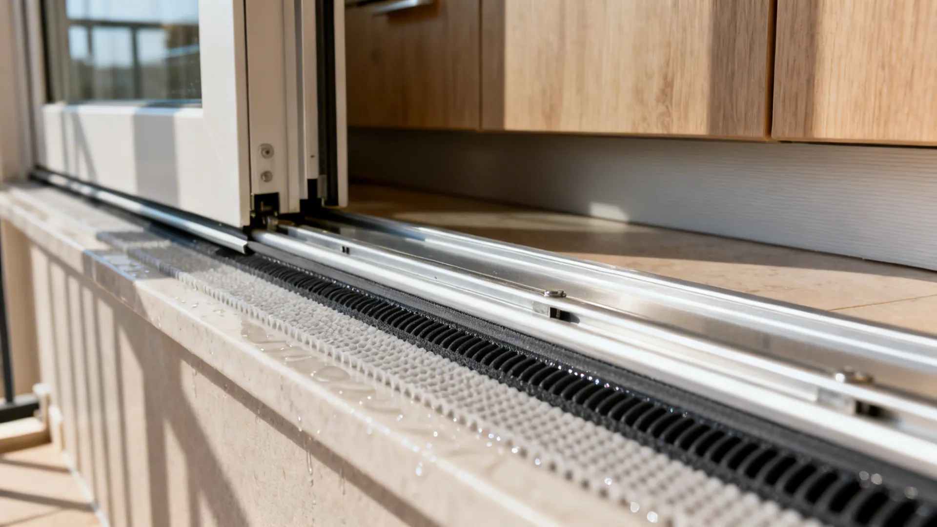 Macro of a sliding door track with weatherstripping and sill pan for moisture control.