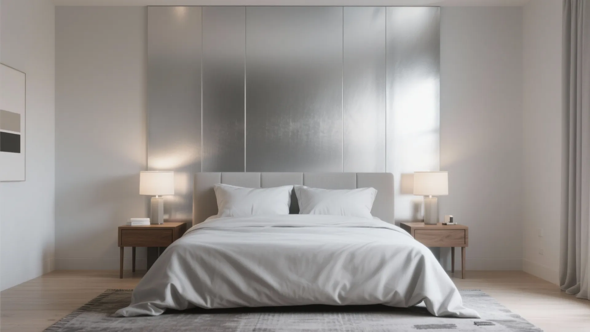 Bedroom with a single satin metallic silver accent wall behind the bed, paired with matte furnishings.