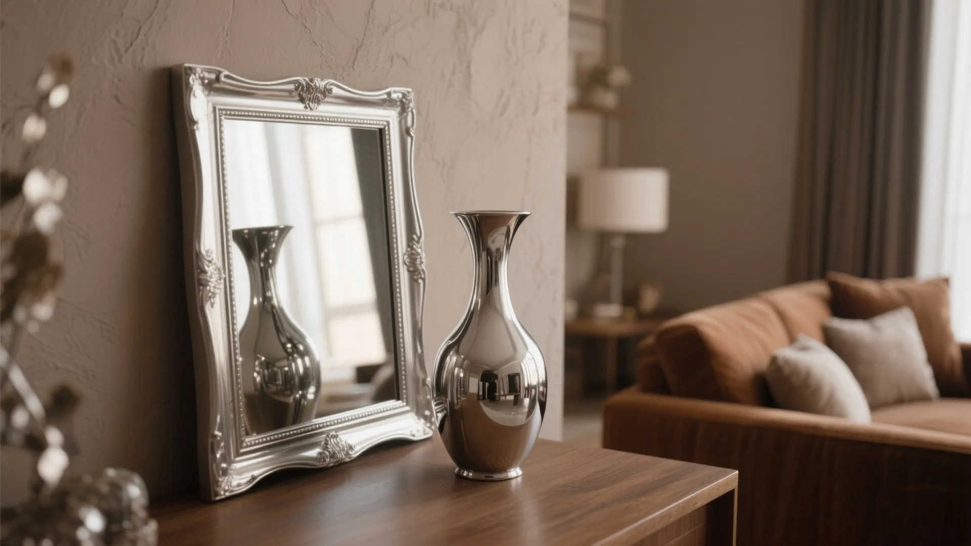 Silver mirror frame and vase with taupe wall and brown furniture