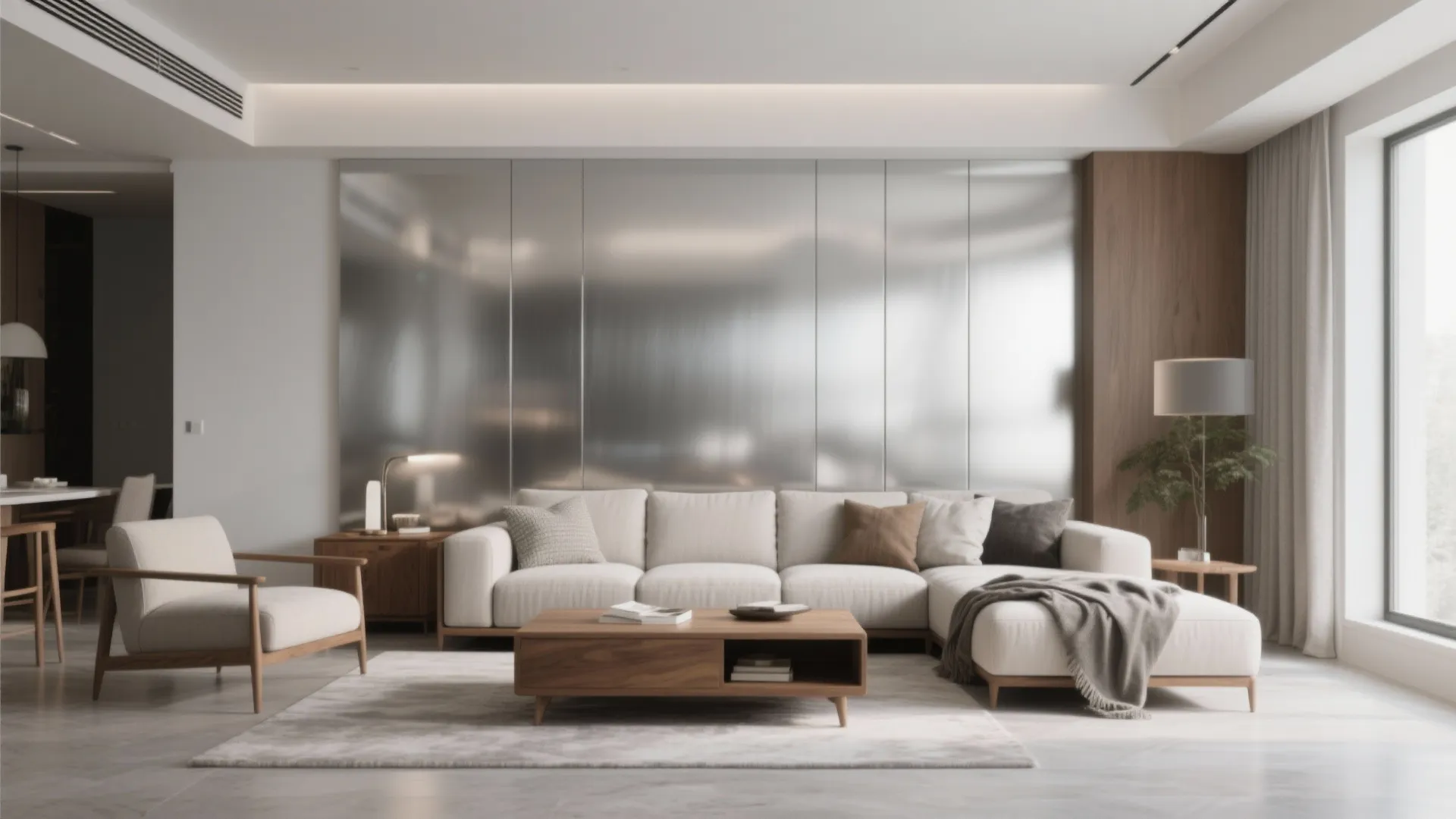 Modern living room with white sofa coffee table grey rug and silver metal wall panel