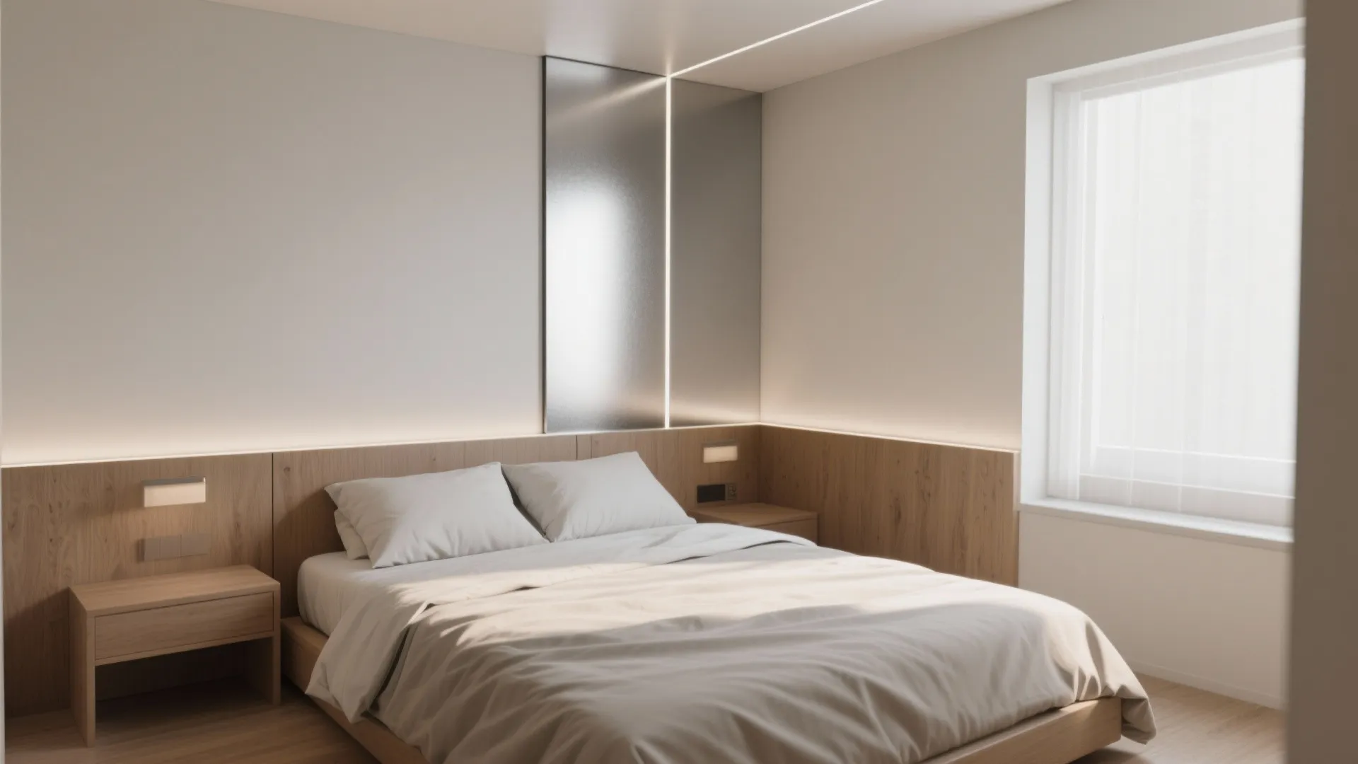 Modern bedroom with wooden wall panel, warm lights, white bed, and large window with curtains
