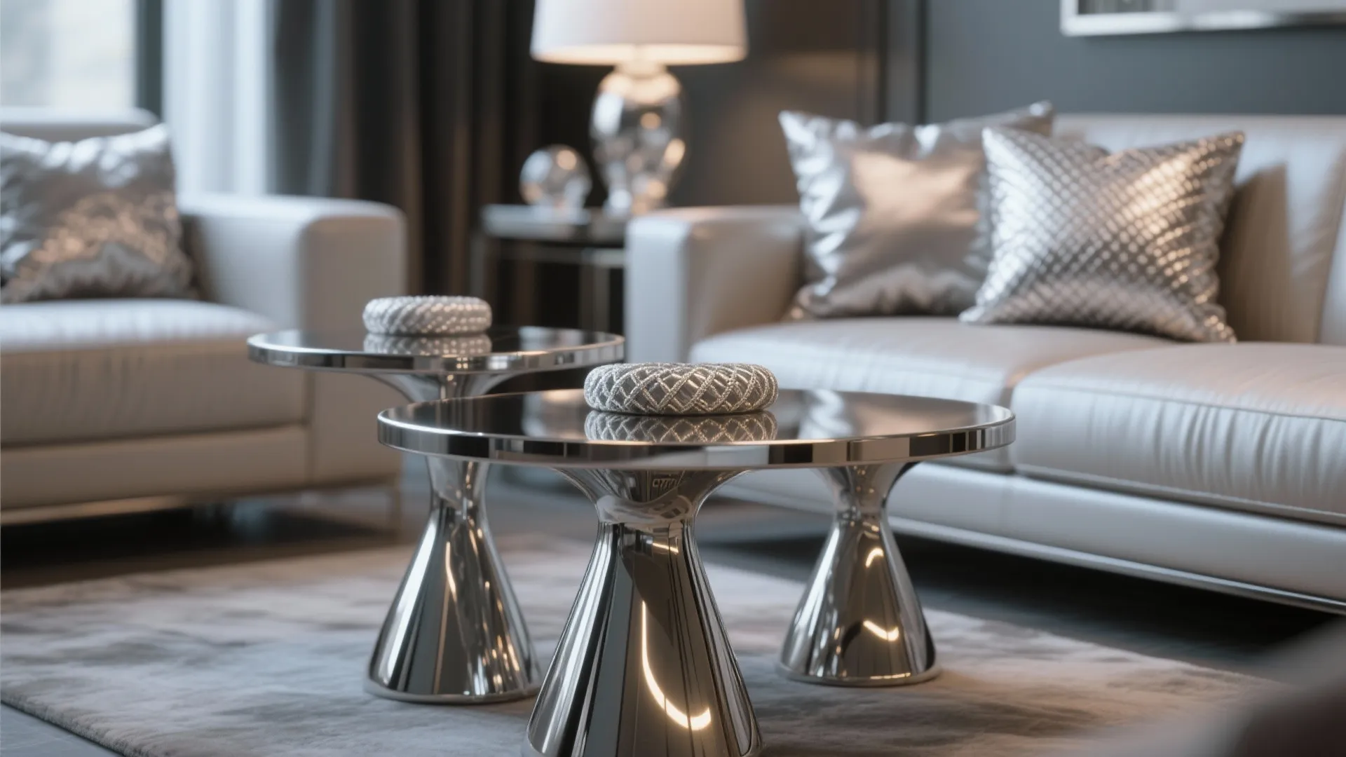 Silver-threaded cushions and chrome side tables in warm light
