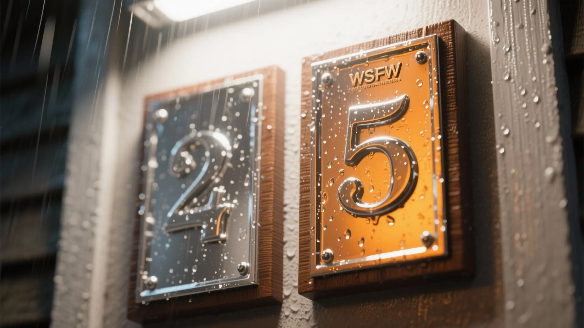 Close up of silver and gold metal address numbers with rain drops mounted on wood