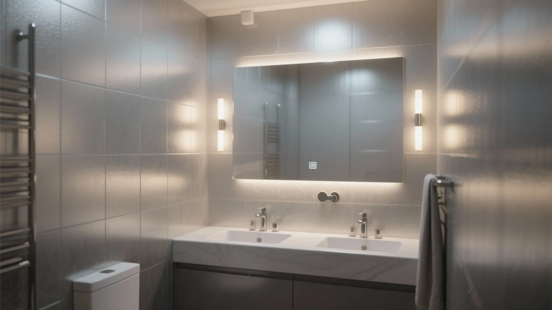 Modern bathroom with double sink vanity, large lighted mirror, grey tiles, and two wall lights