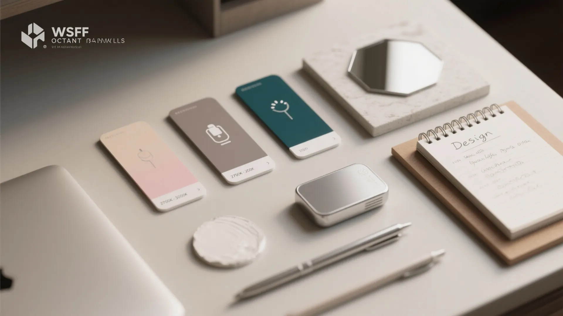 Flatlay of color swatches, silver paint sample and lighting icons illustrating FAQ tips for silver bedrooms.