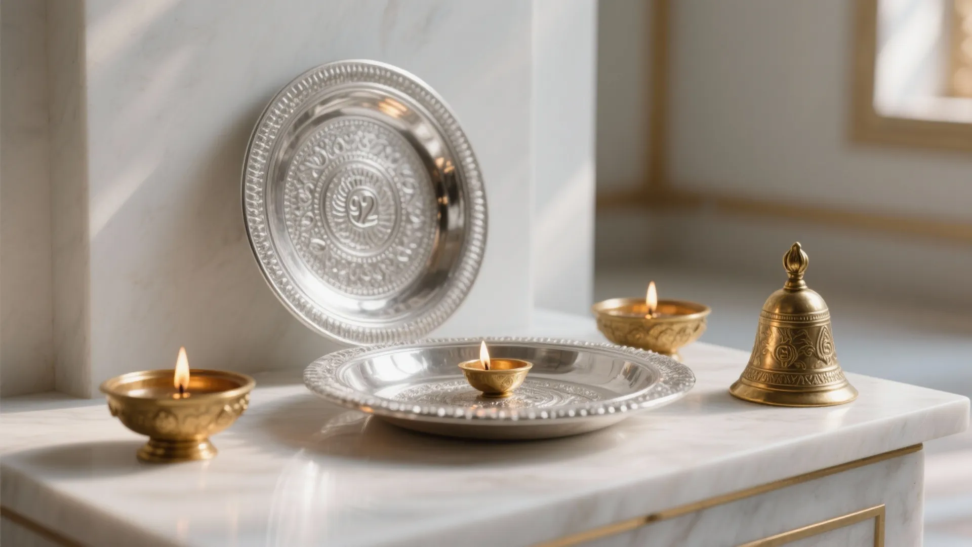 Silver pooja plate styled with antique brass diyas and bell, mixed-metal warmth in a modern altar under soft daylight.