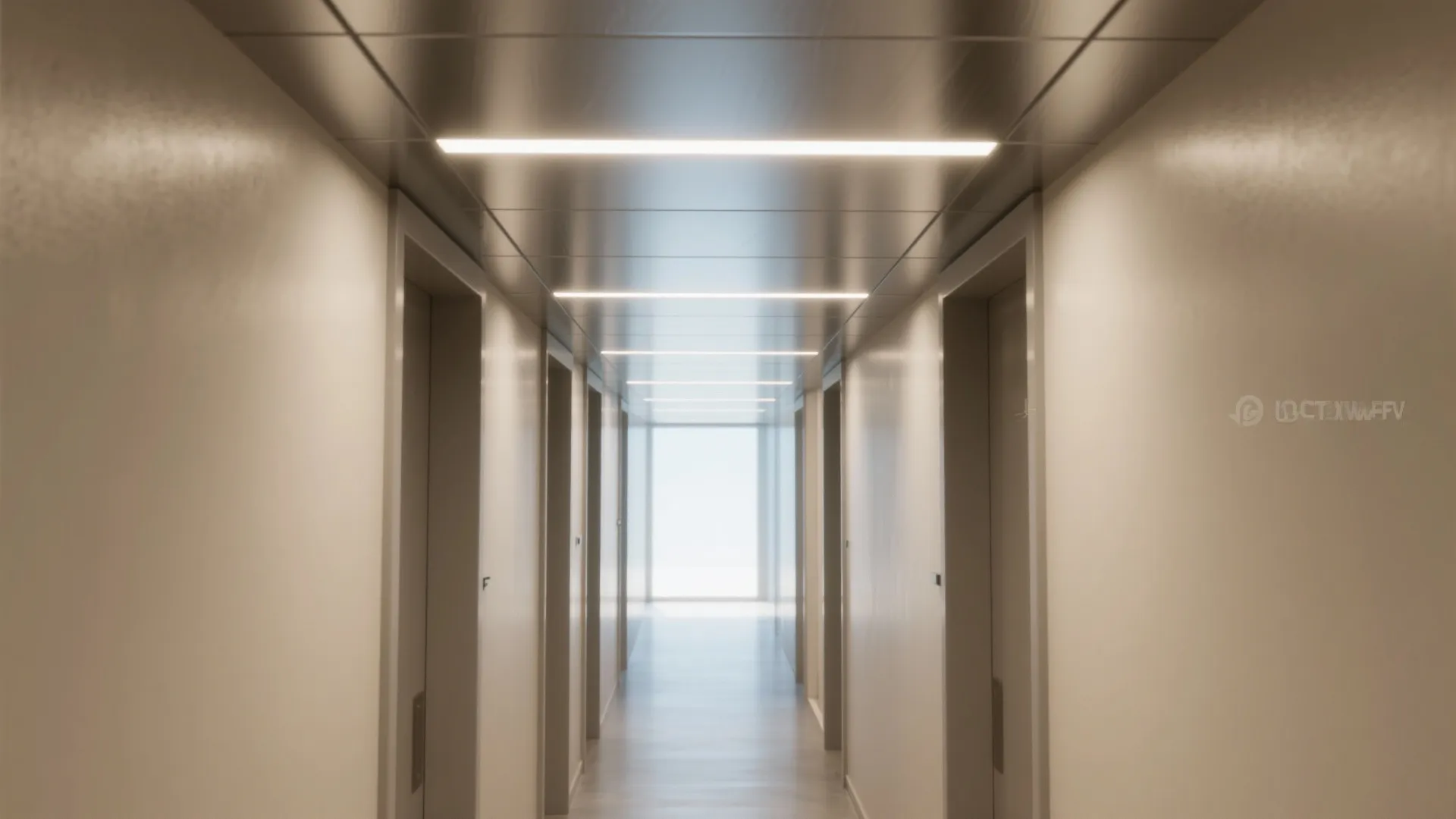 Narrow hallway with a low-sheen metallic silver ceiling and recessed LED lighting creating an airy feel.