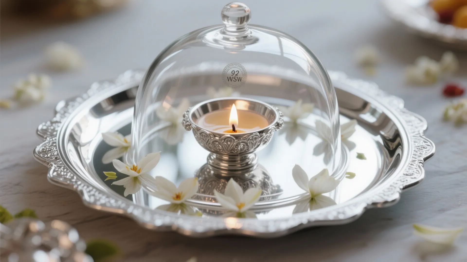 Macro of a mirror-finish silver pooja plate with a clear glass cloche, airy elegance and gentle reflections.