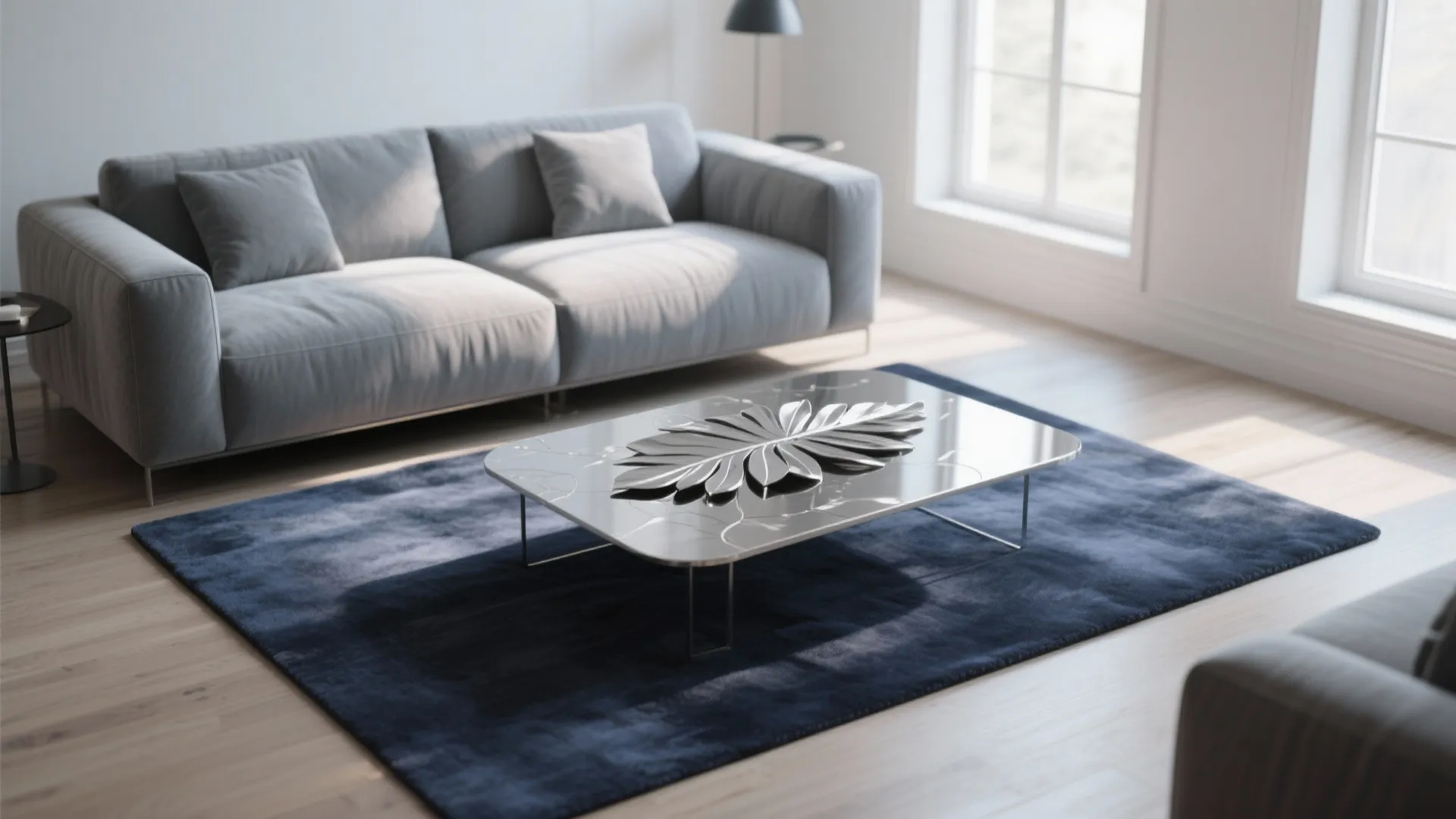 3. Silver Leaf Coffee Table with Navy Rug
