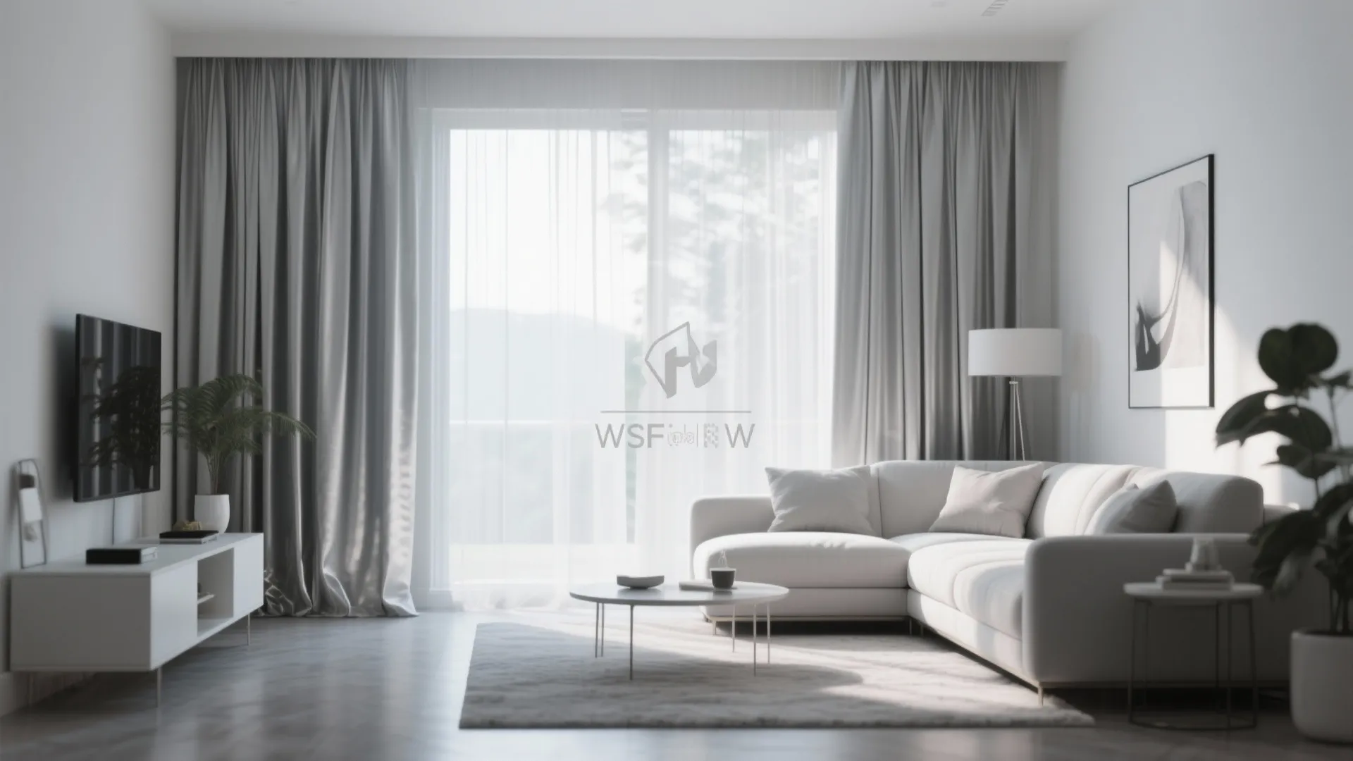 Floor-length soft silver curtains in a modern living room