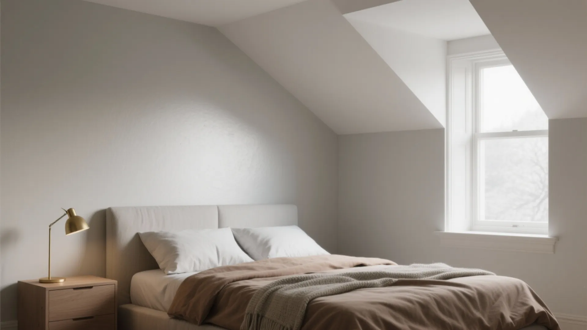 Modern minimal bedroom with grey walls and a beige bed plus brown blanket and window