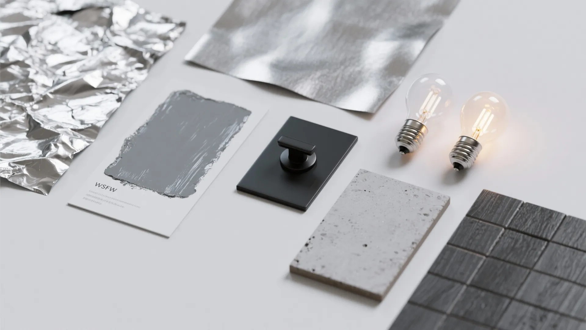 Interior design mood board with silver foil light bulbs black handle and grey stone tile samples