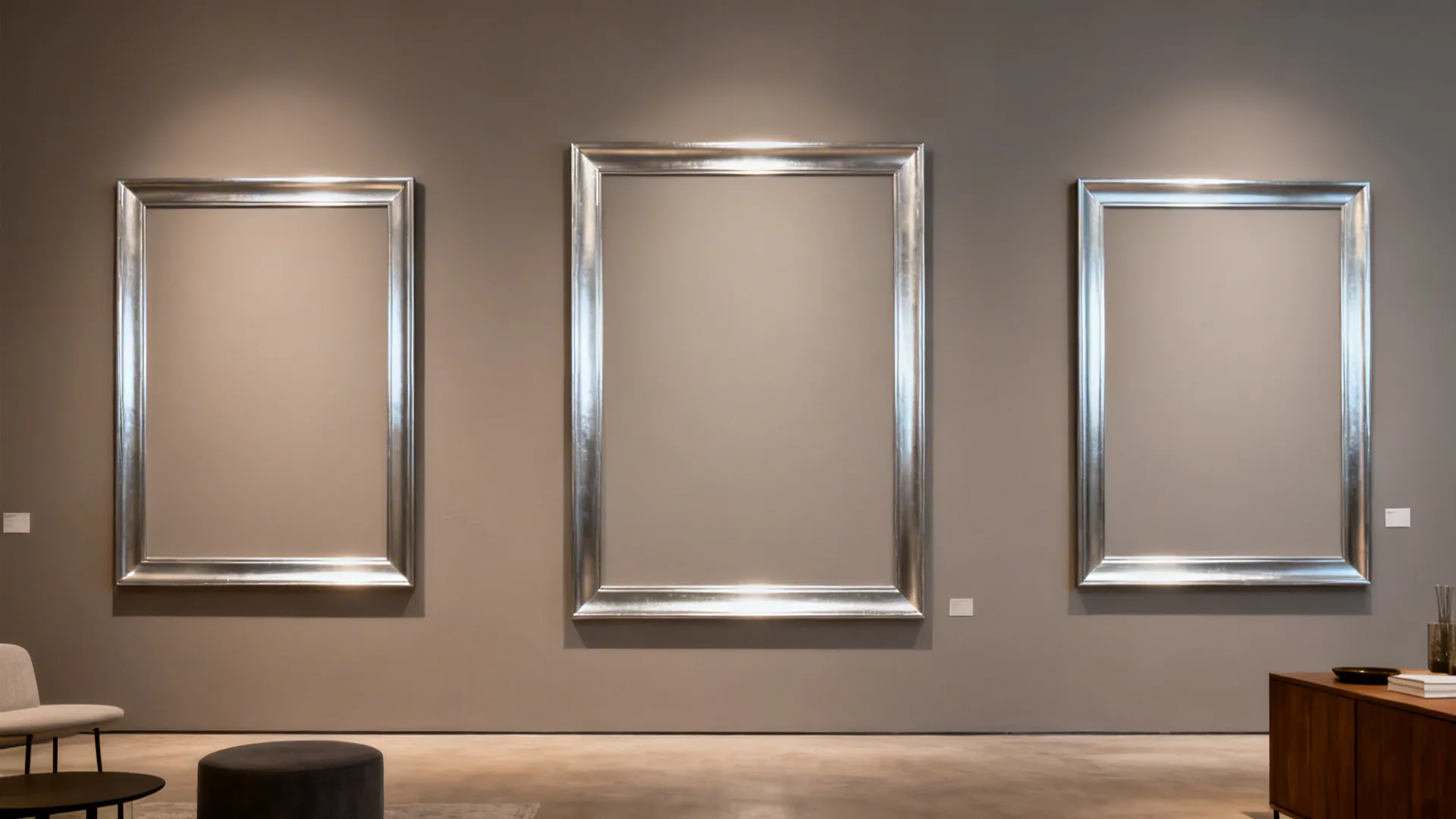 Grey gallery wall with large silver frames and metallic-accent prints.