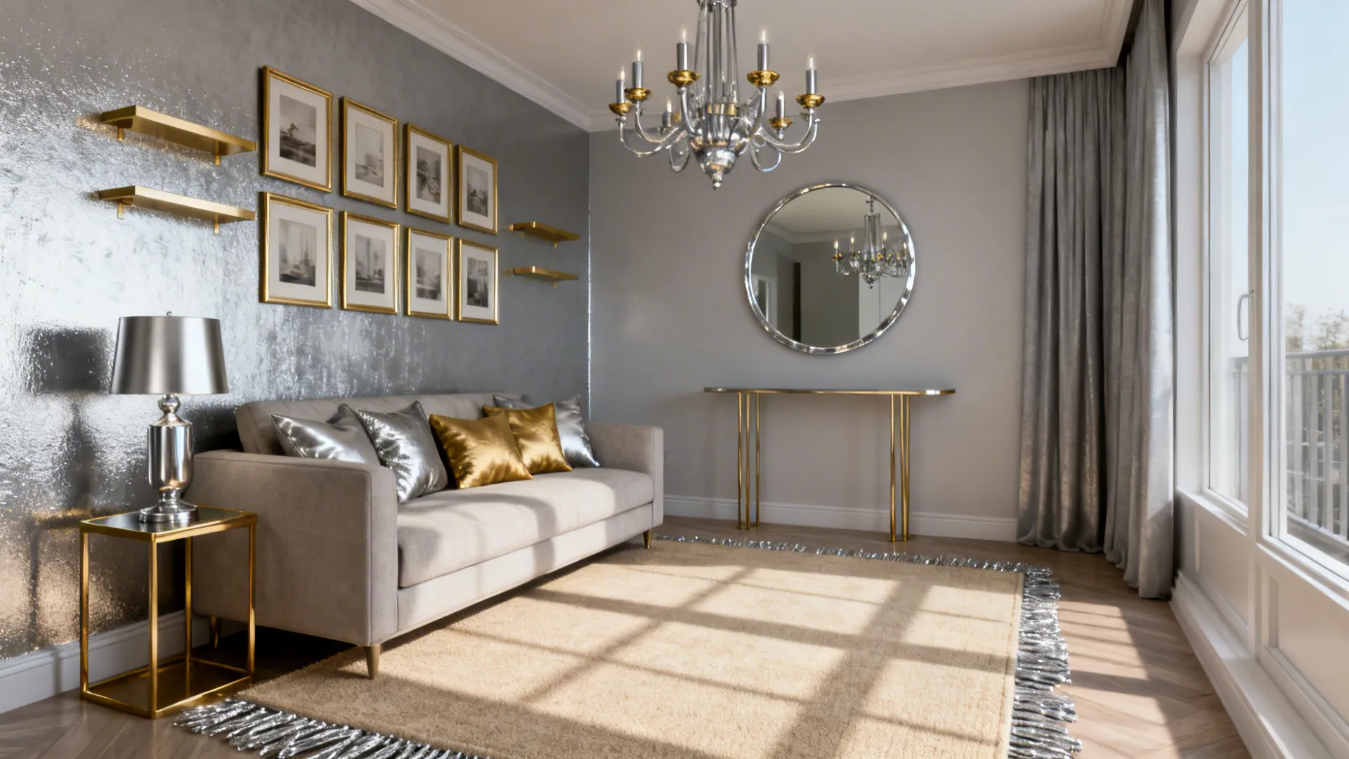 Living room with grey sofa gold pillows ceiling light large rug and wall with shelves