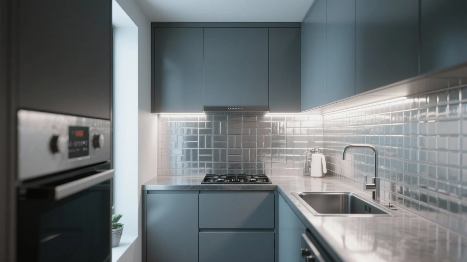 Small grey kitchen with silver brick wall tiles metal sink stove and white counter top