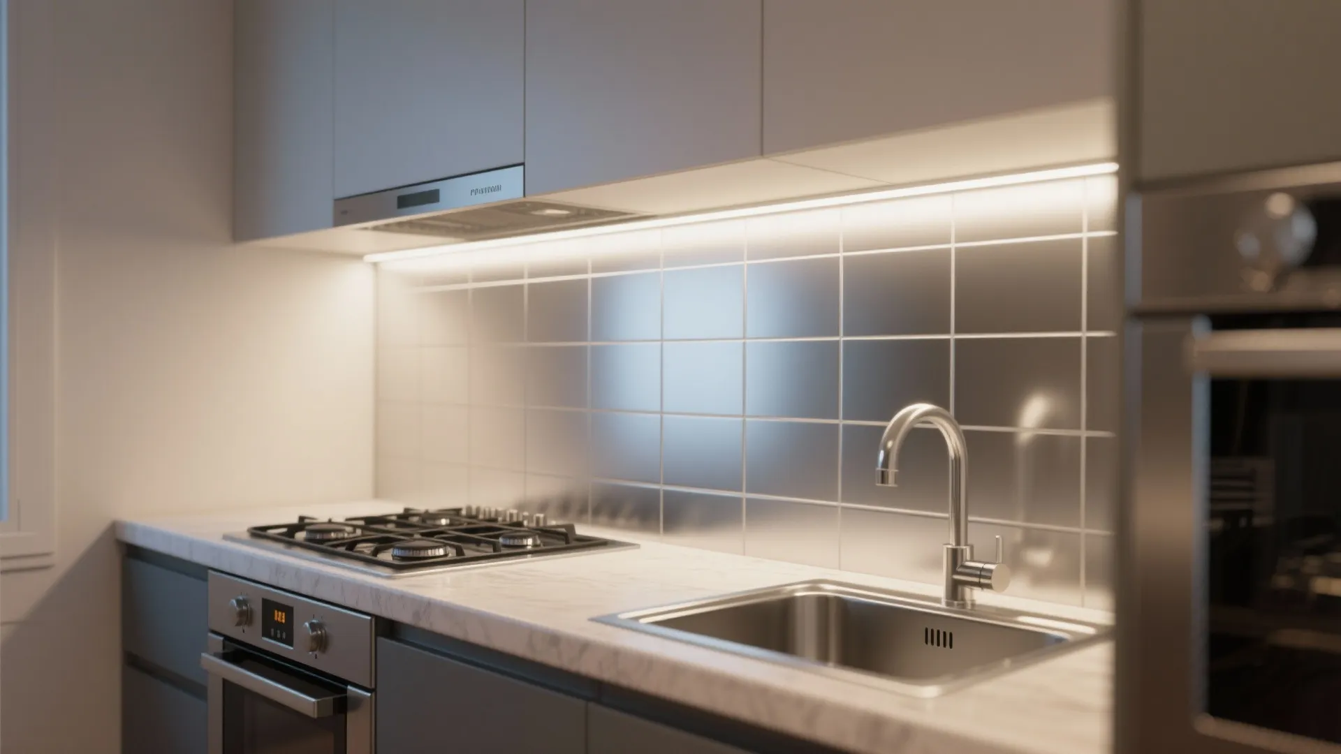 Modern kitchen with silver square wall tiles under cabinet light fixture sink and gas stove