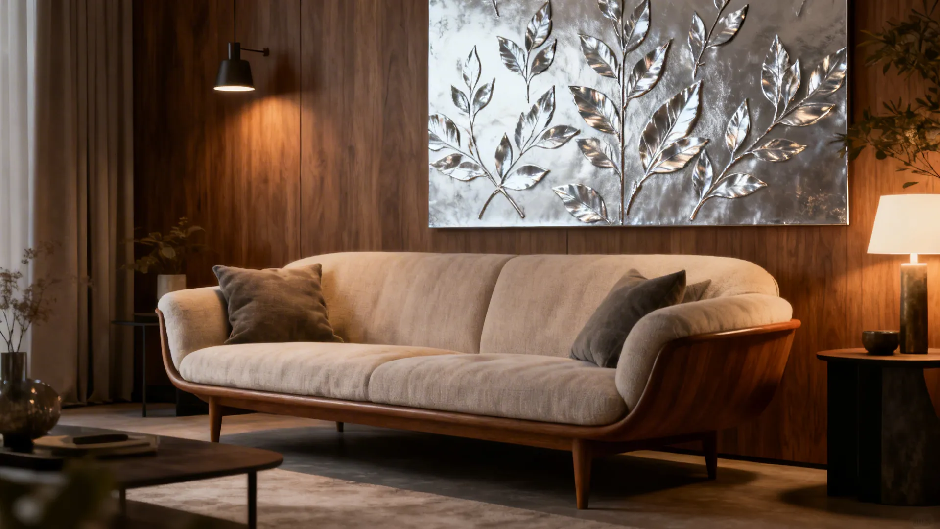 Living room sofa with a bespoke silver leaf accent panel behind it, warmed by wood tones and textiles.