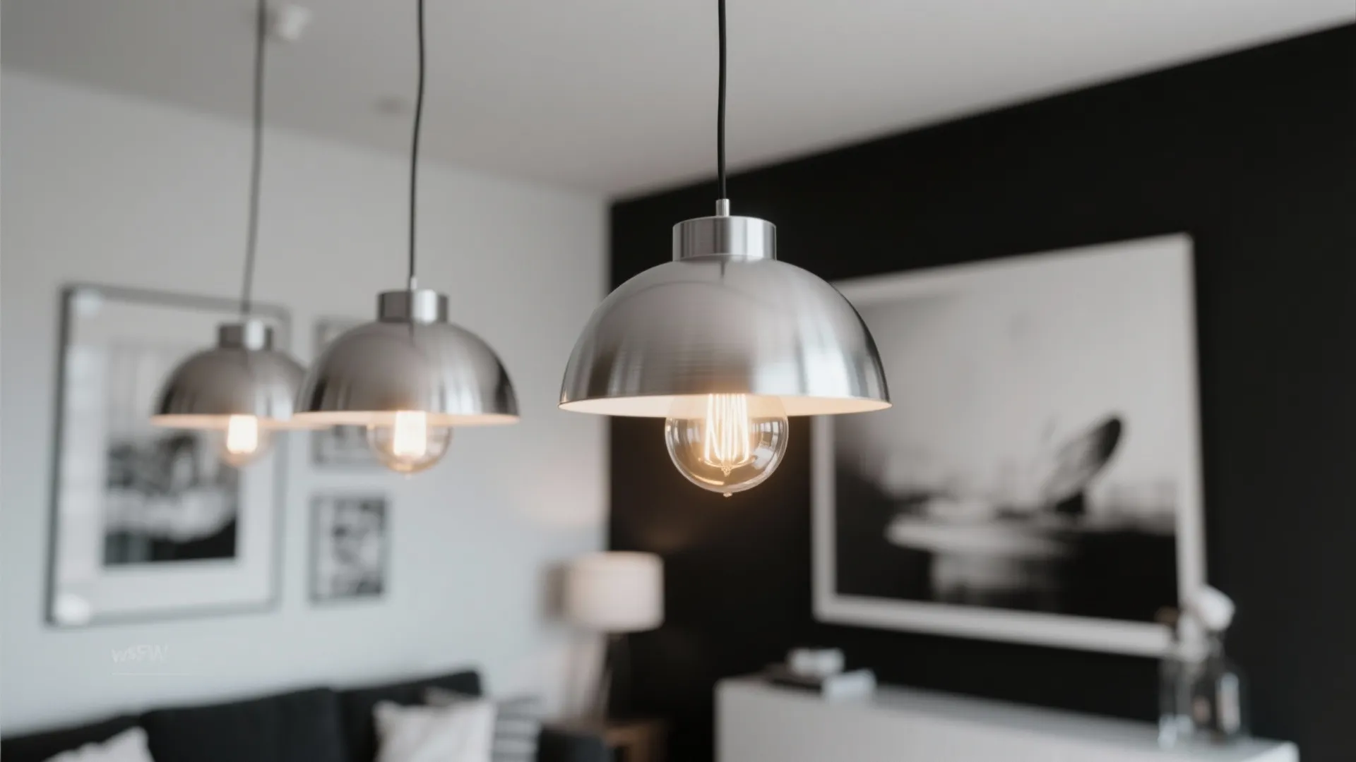 Close-up of brushed silver pendant lights in a modern living room